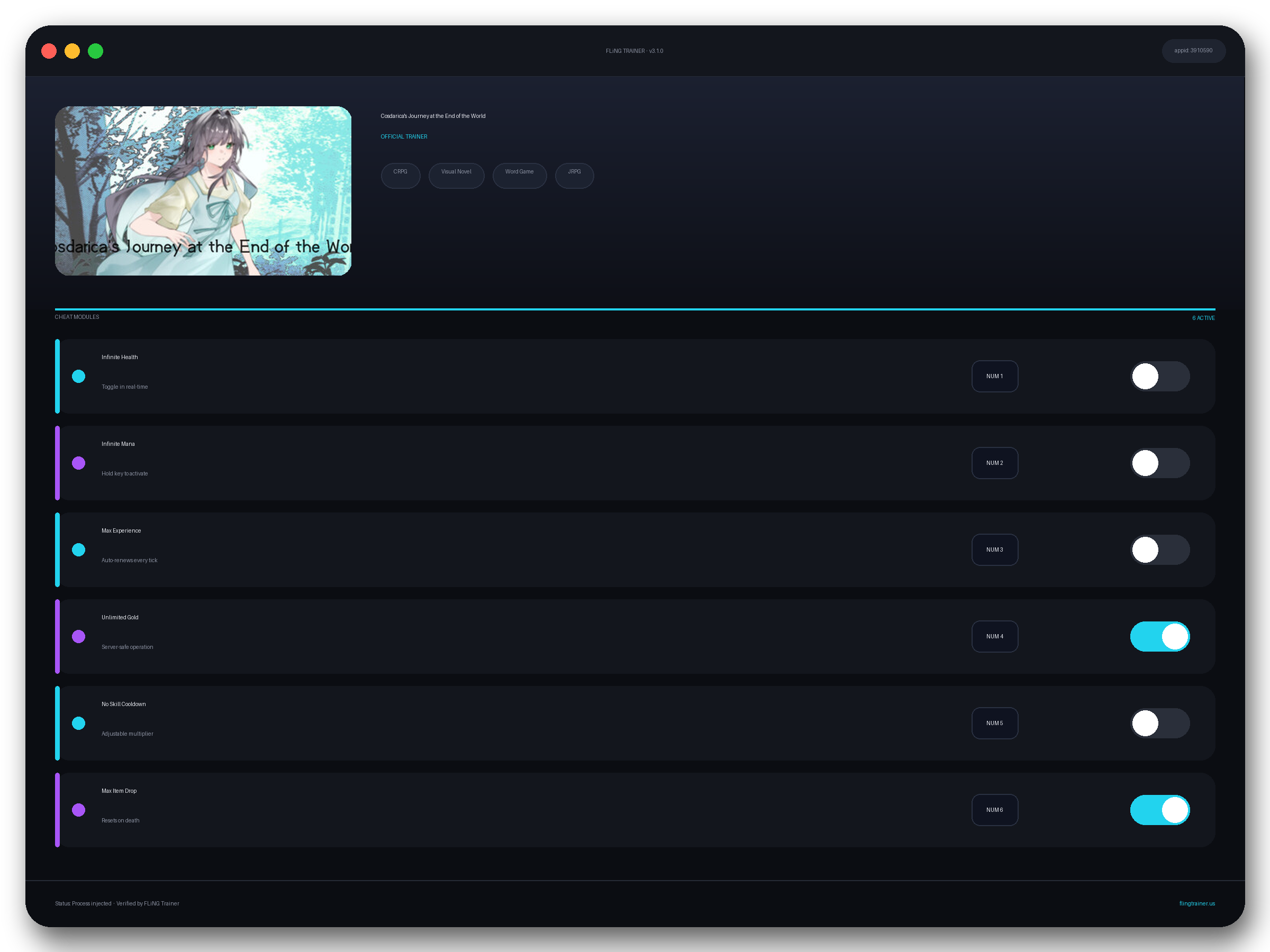 Cosdarica's Journey at the End of the World Trainer interface