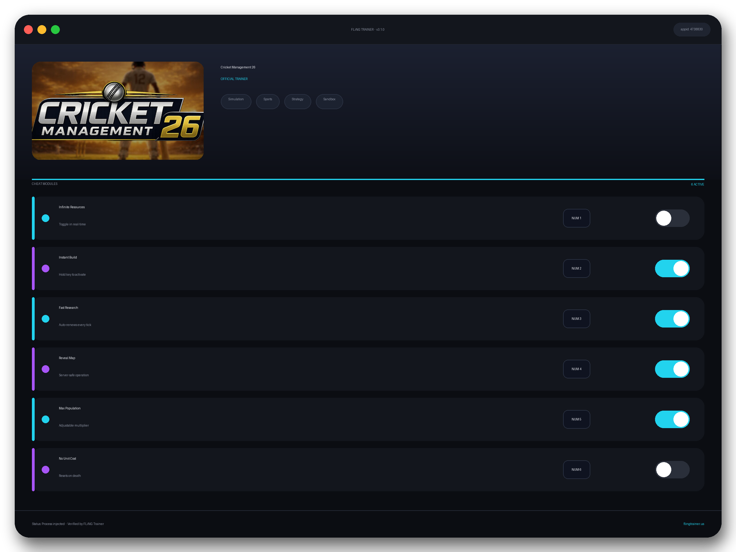 Cricket Management 26 Trainer interface