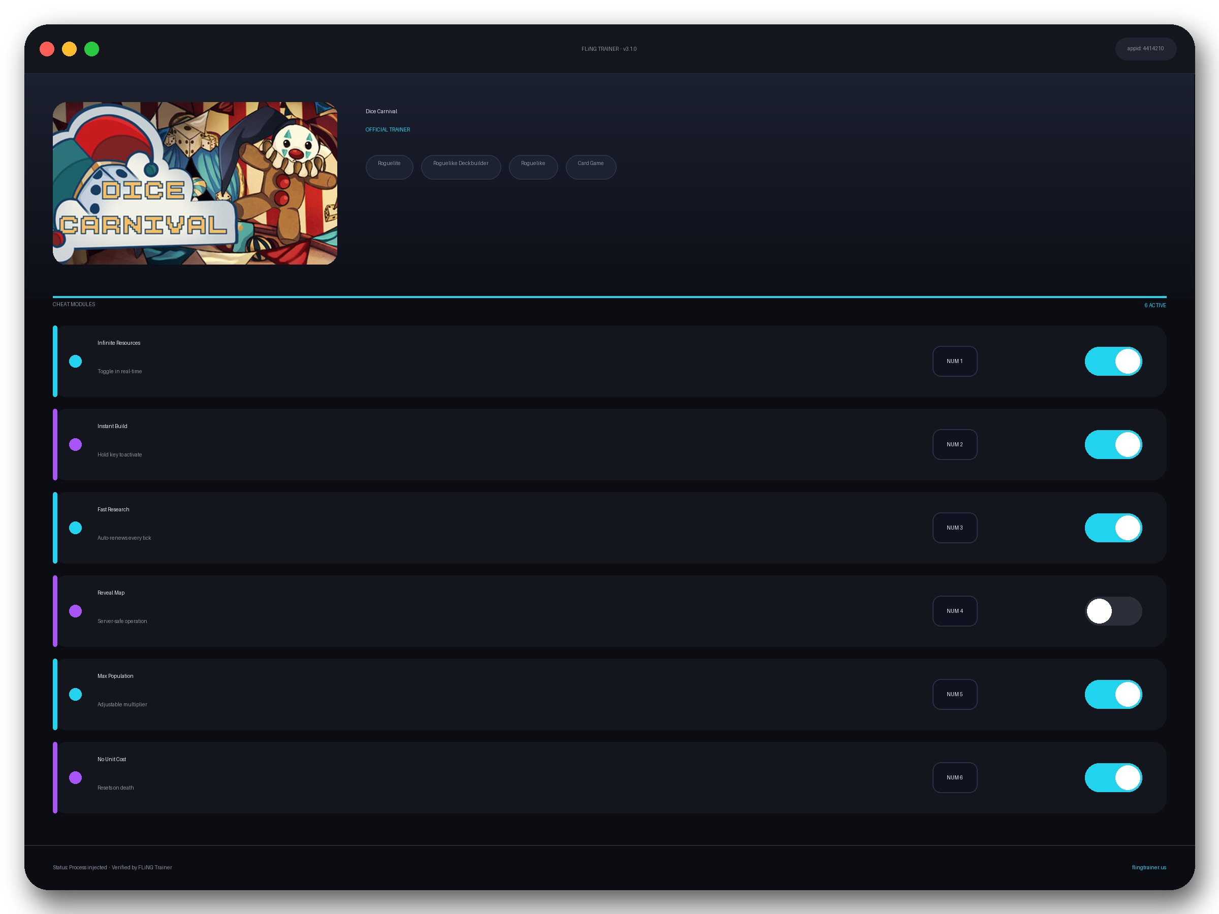 Dice Carnival Trainer interface