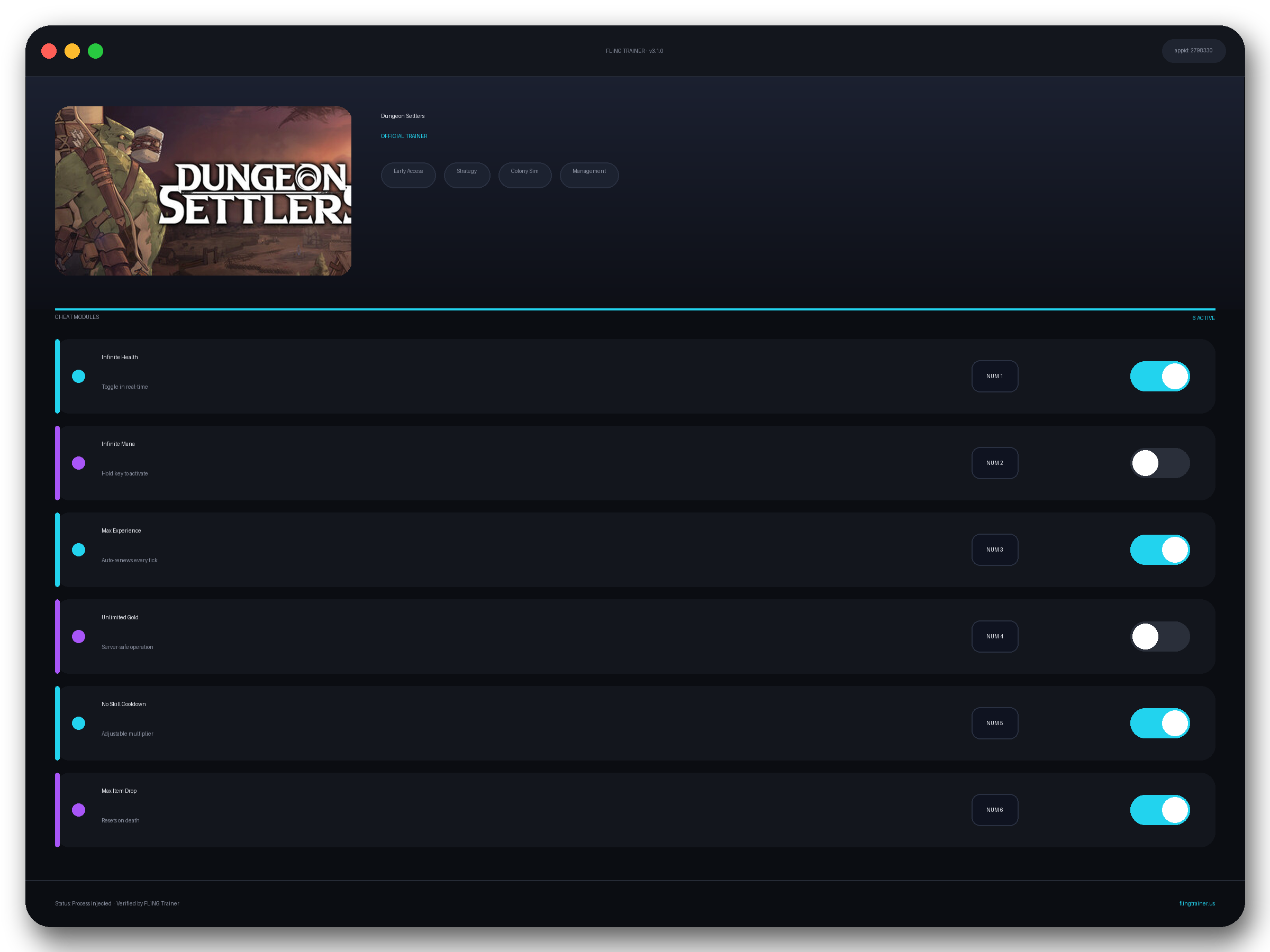 Dungeon Settlers Trainer interface