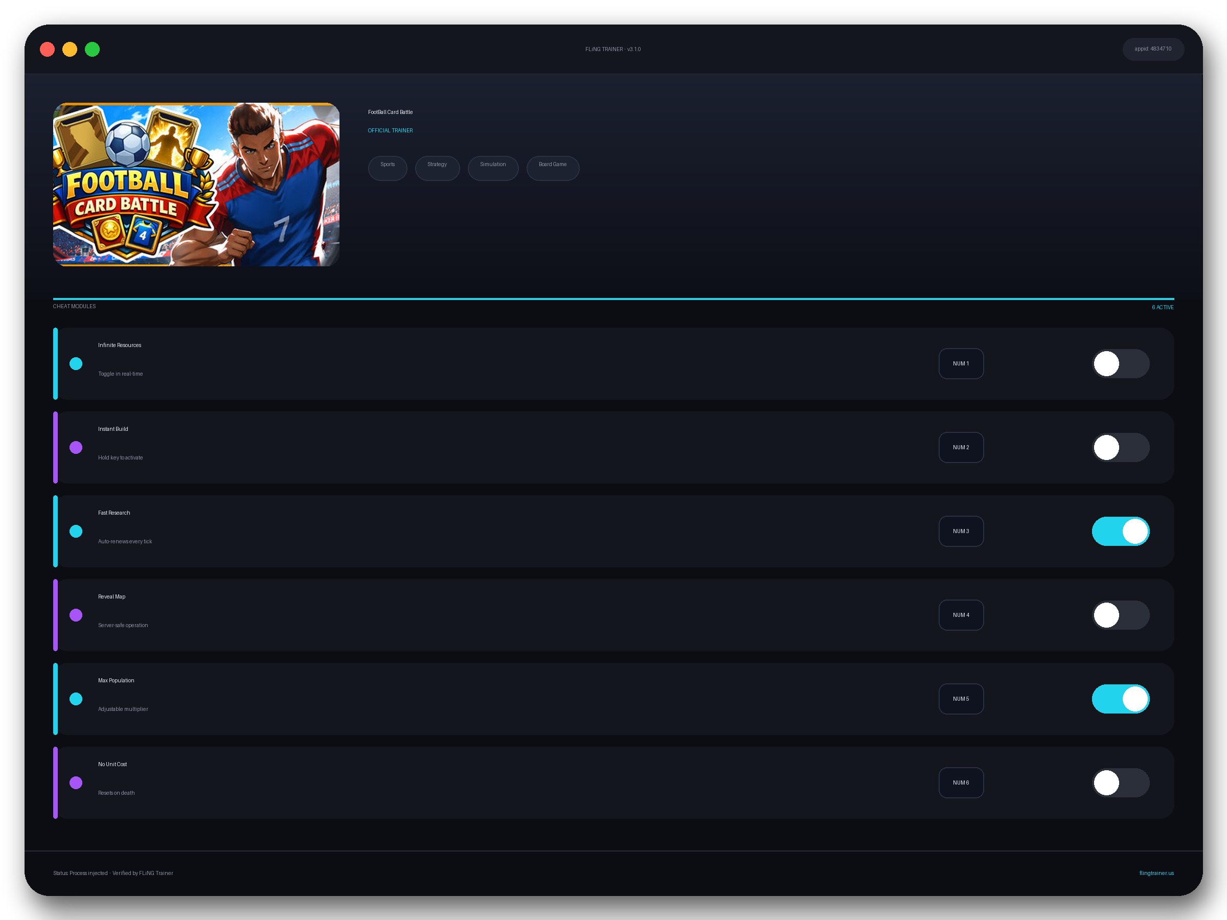 FootBall Card Battle Trainer interface