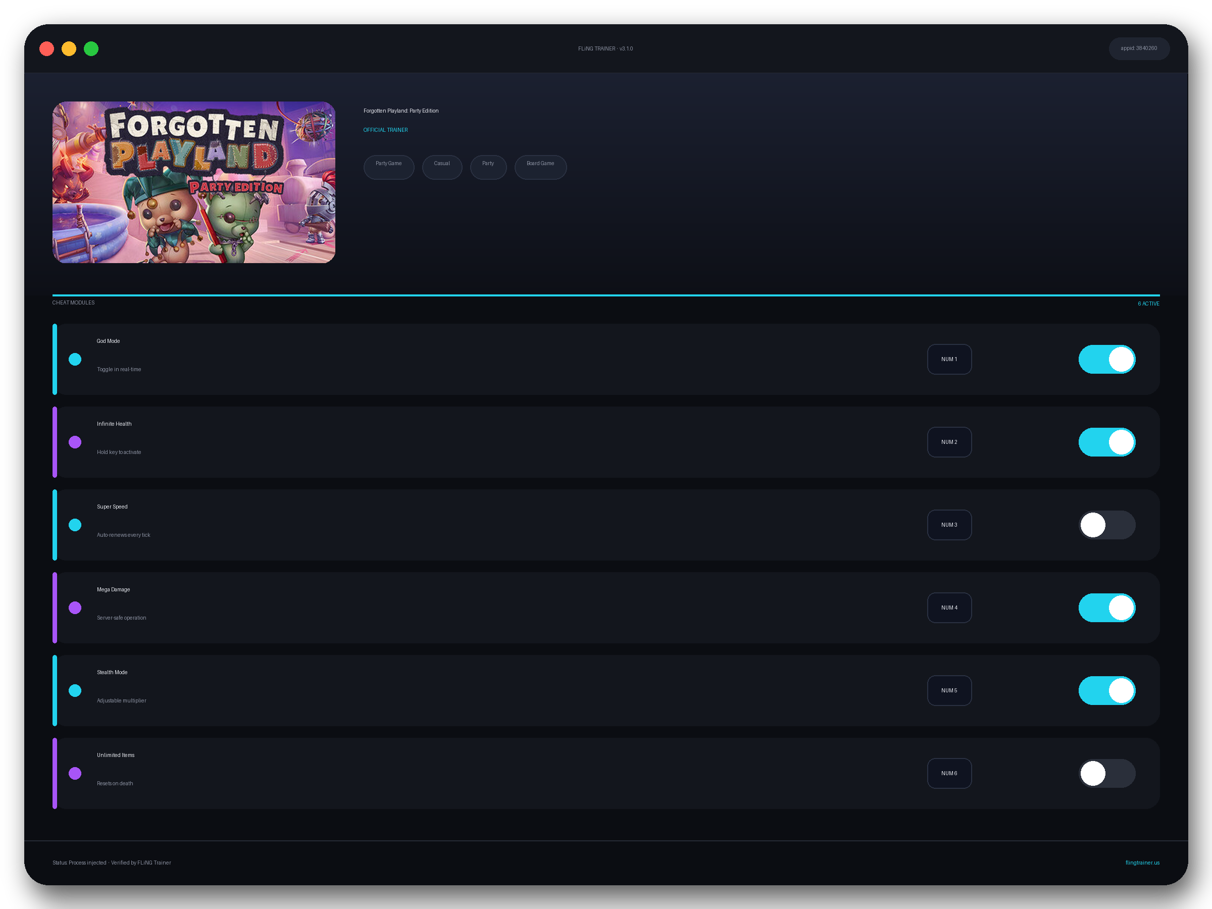 Forgotten Playland: Party Edition Trainer interface