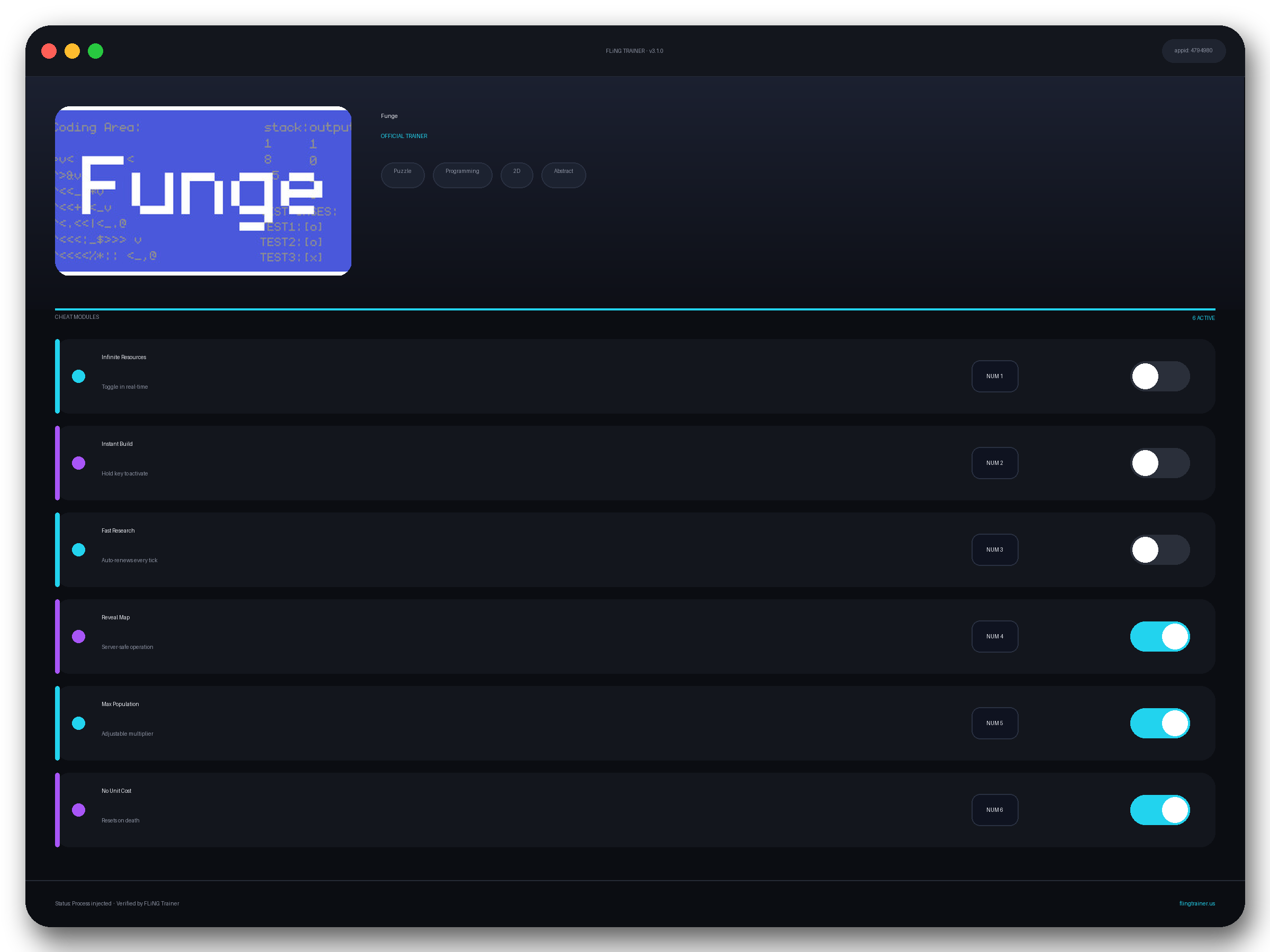 Funge Trainer interface