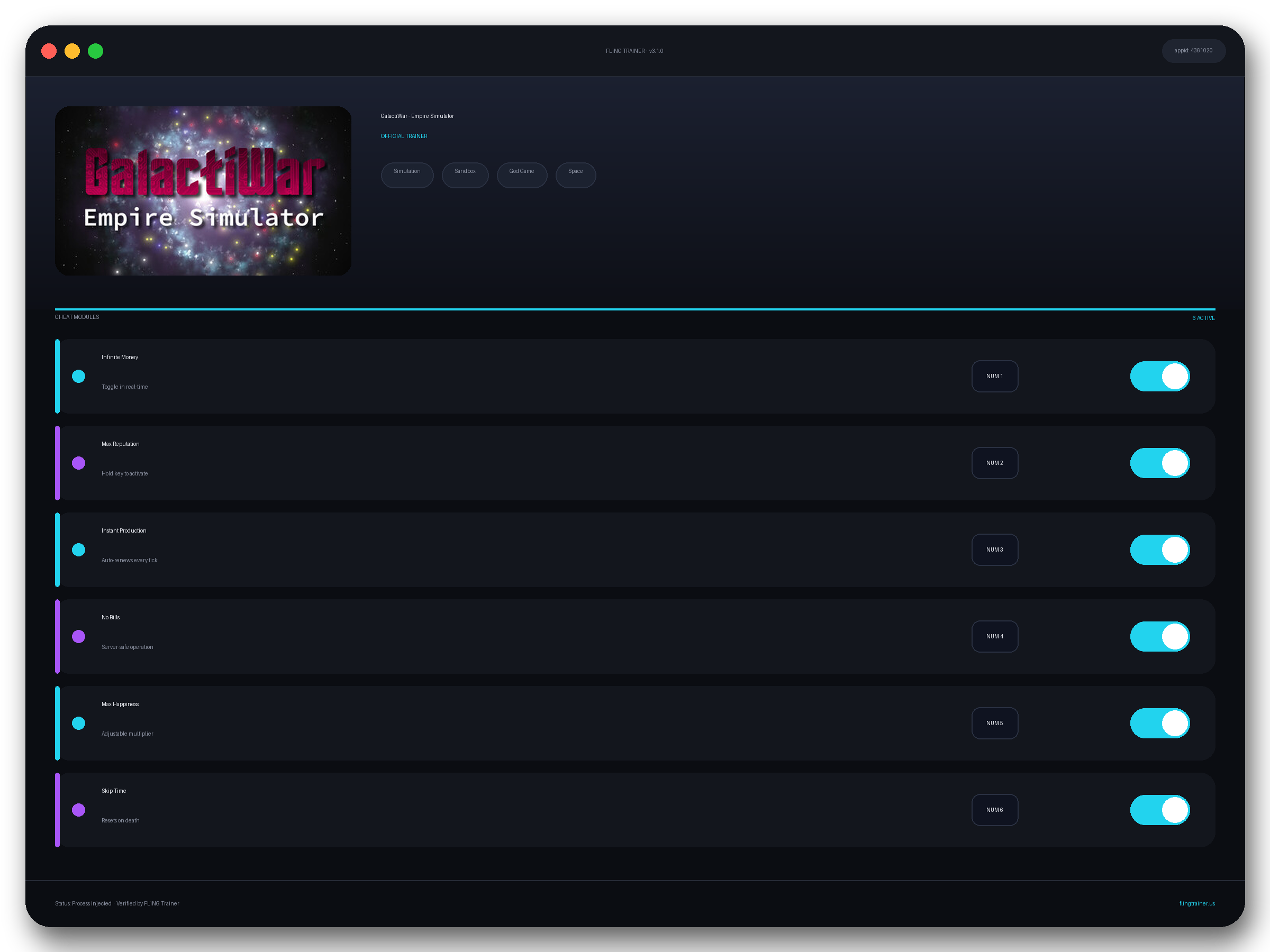 GalactiWar - Empire Simulator Trainer interface