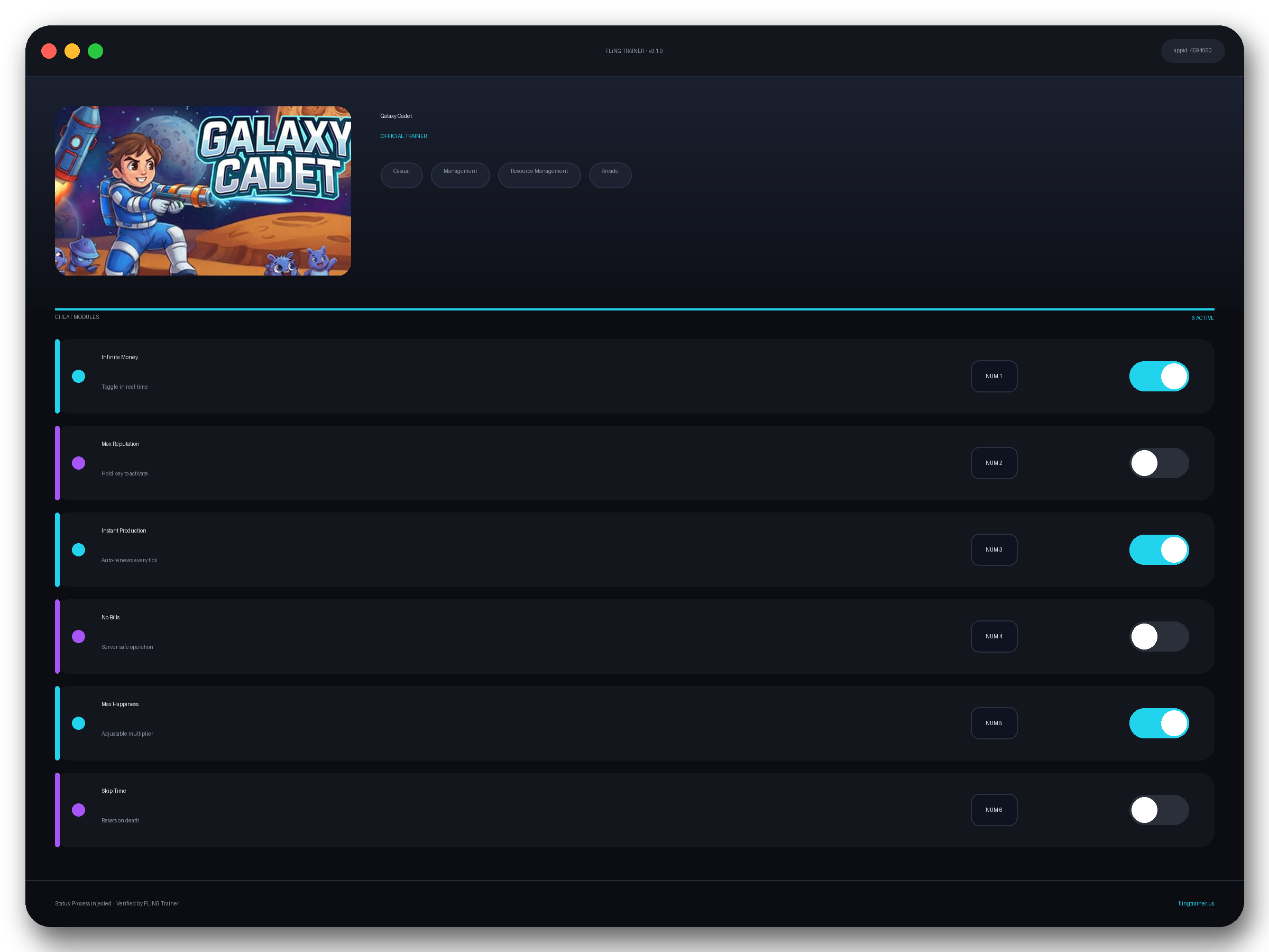 Galaxy Cadet Trainer interface