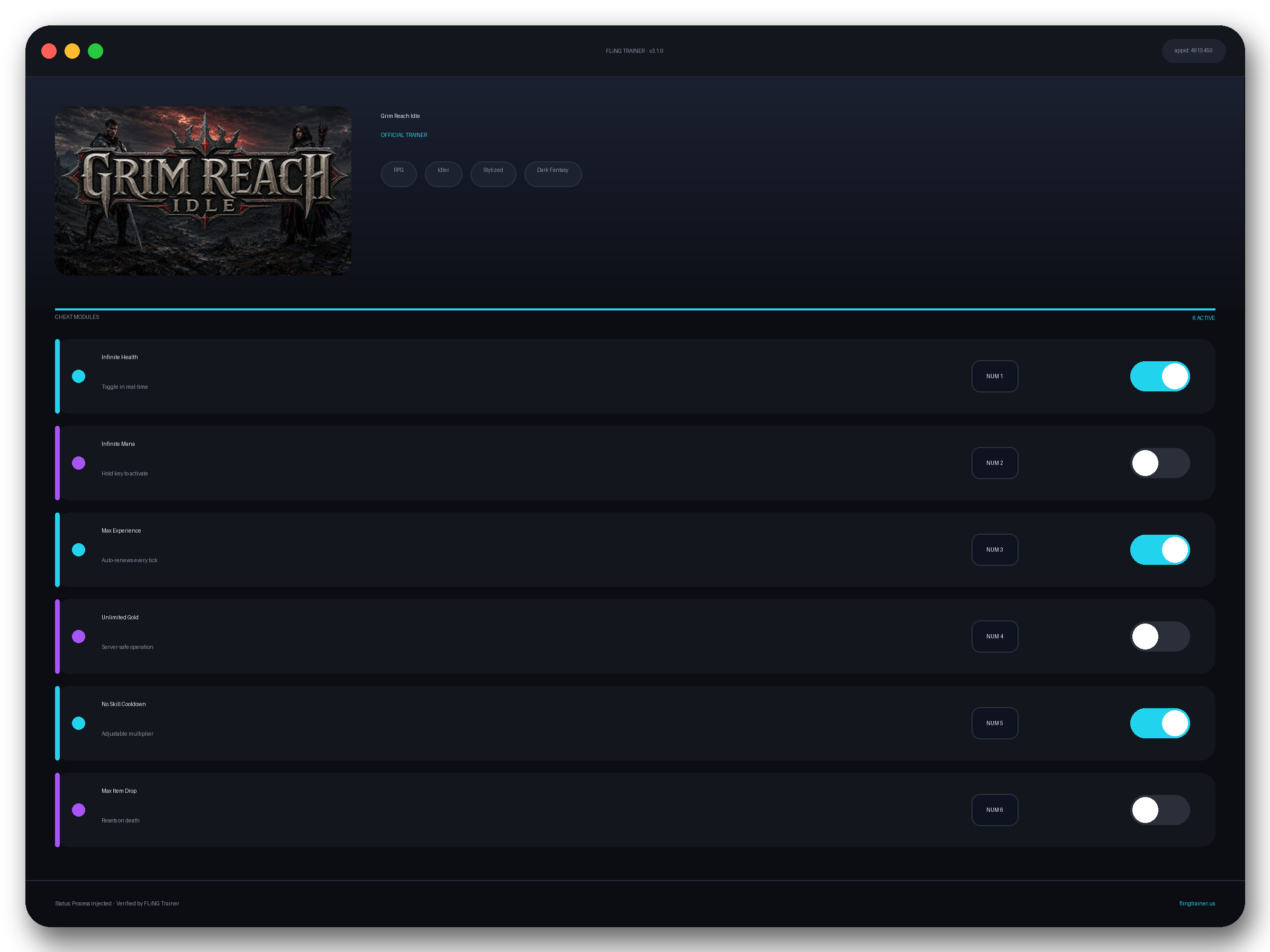 Grim Reach Idle Trainer interface