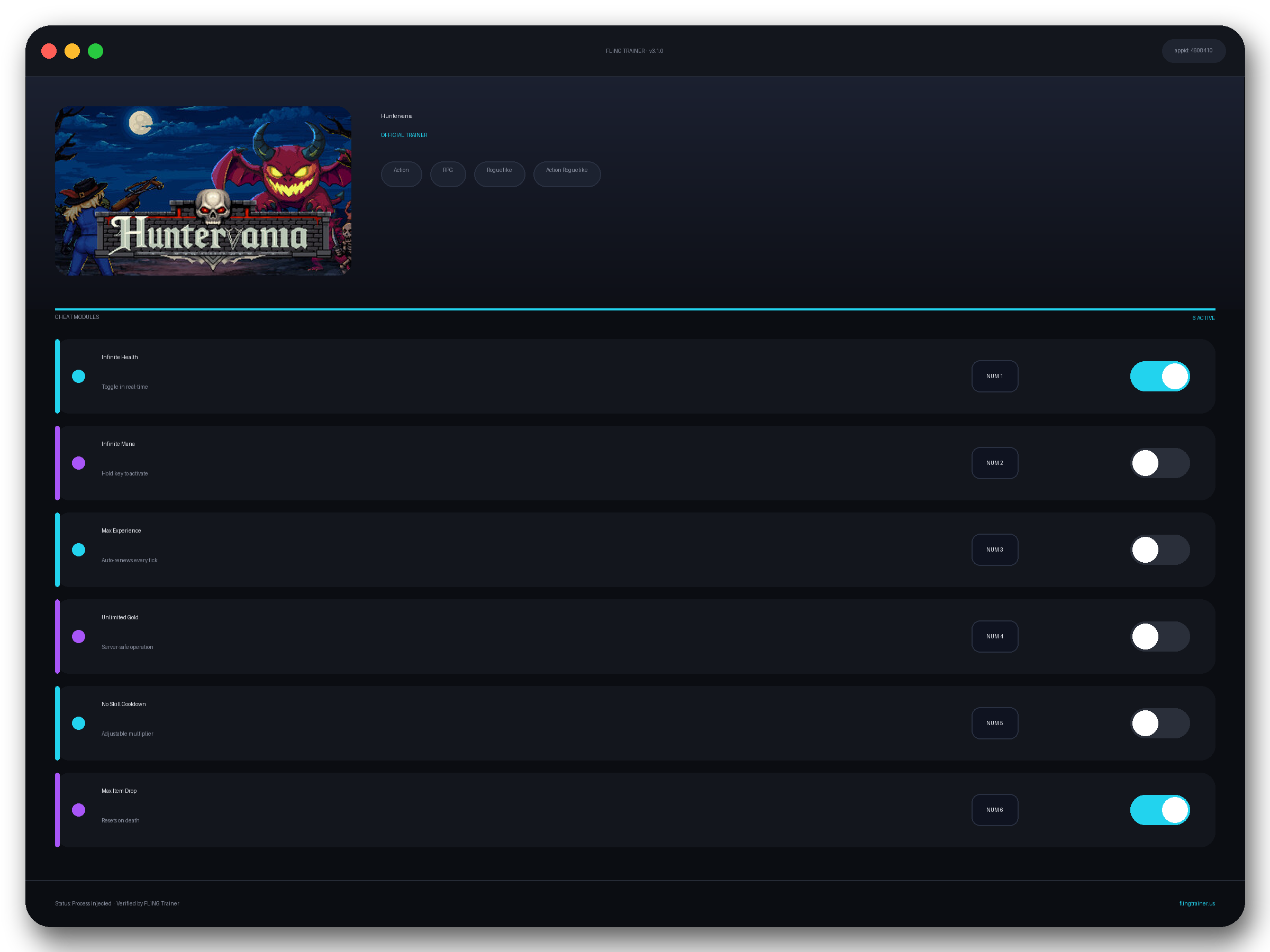 Huntervania Trainer interface