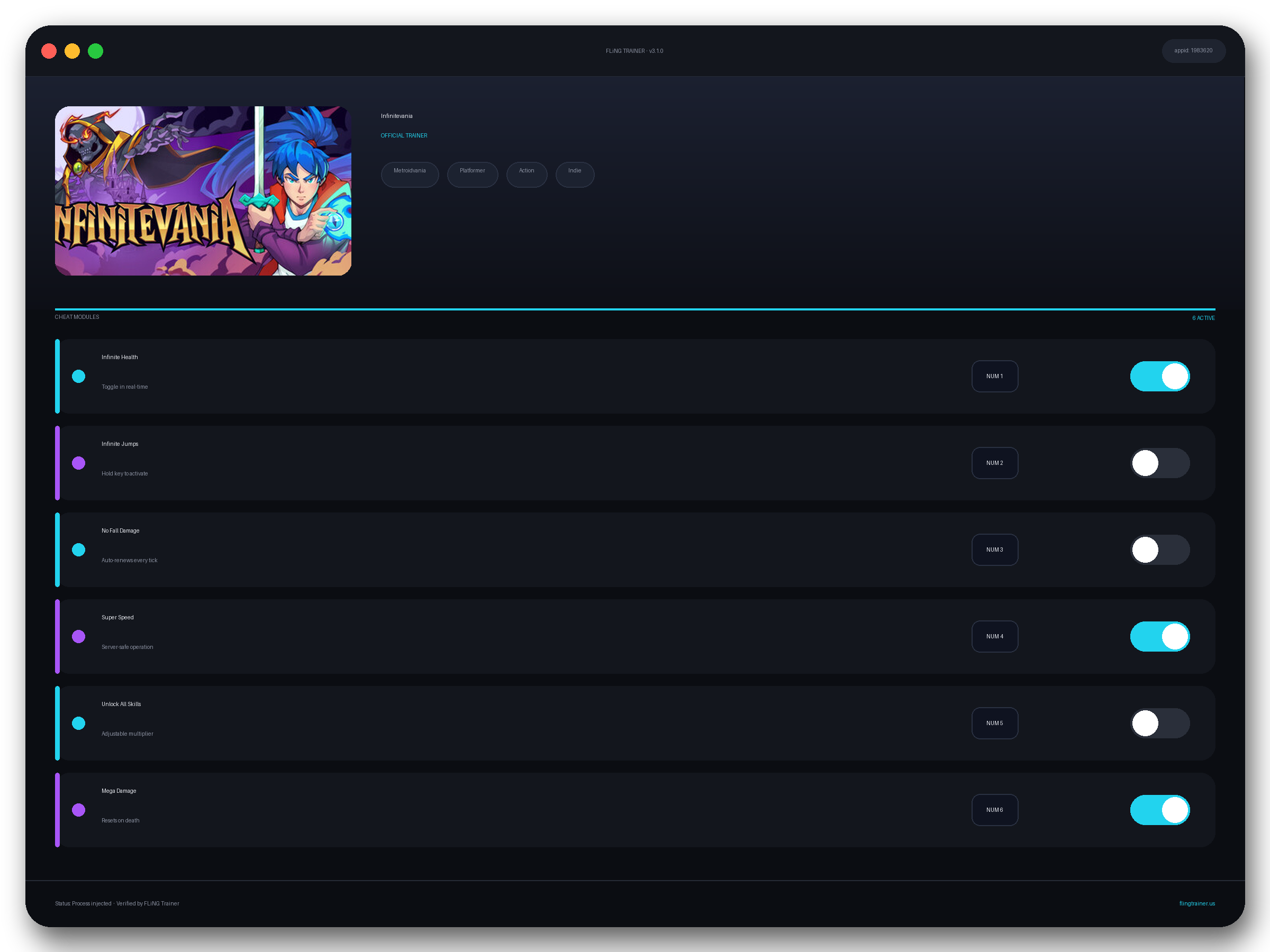 Infinitevania Trainer interface