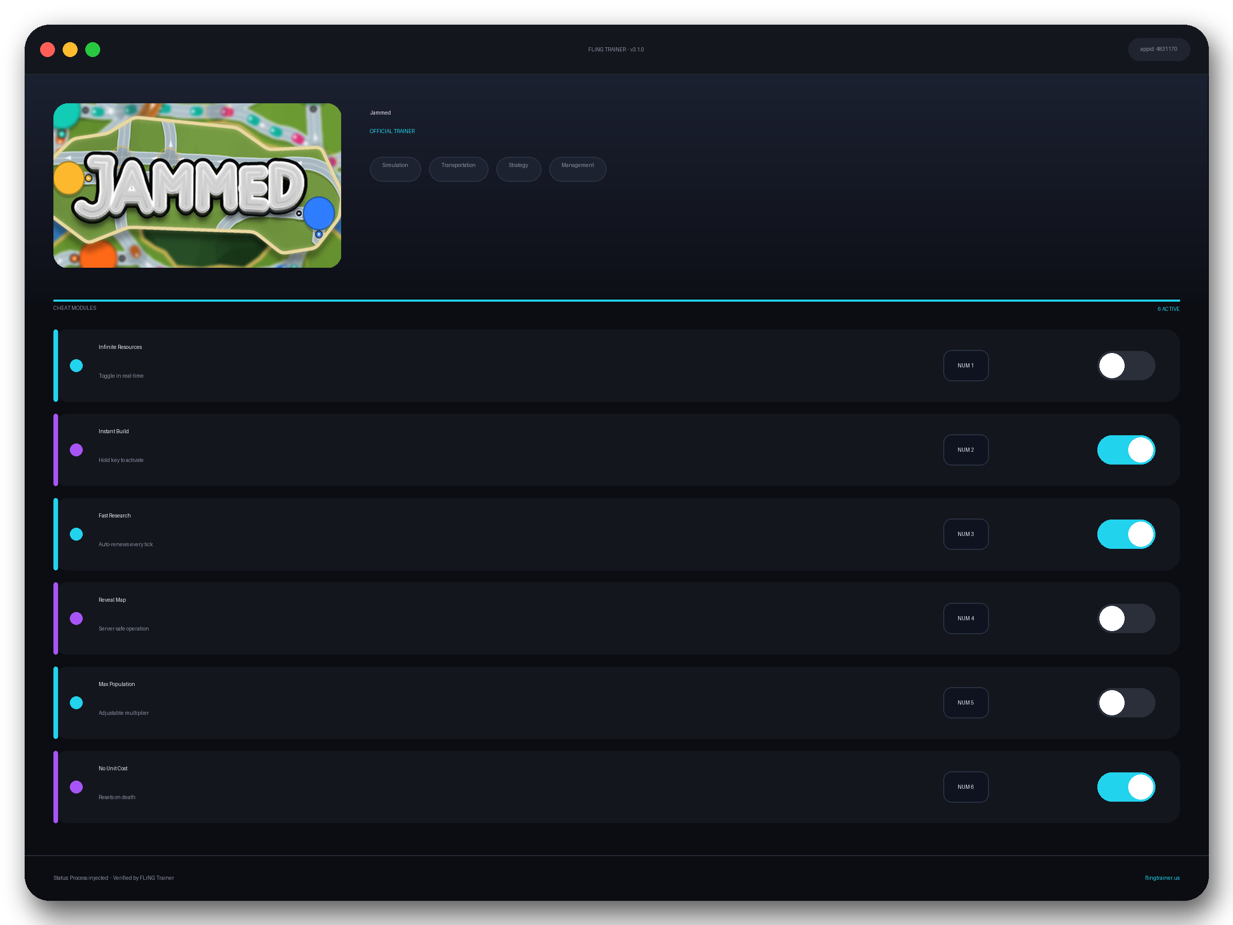 Jammed Trainer interface