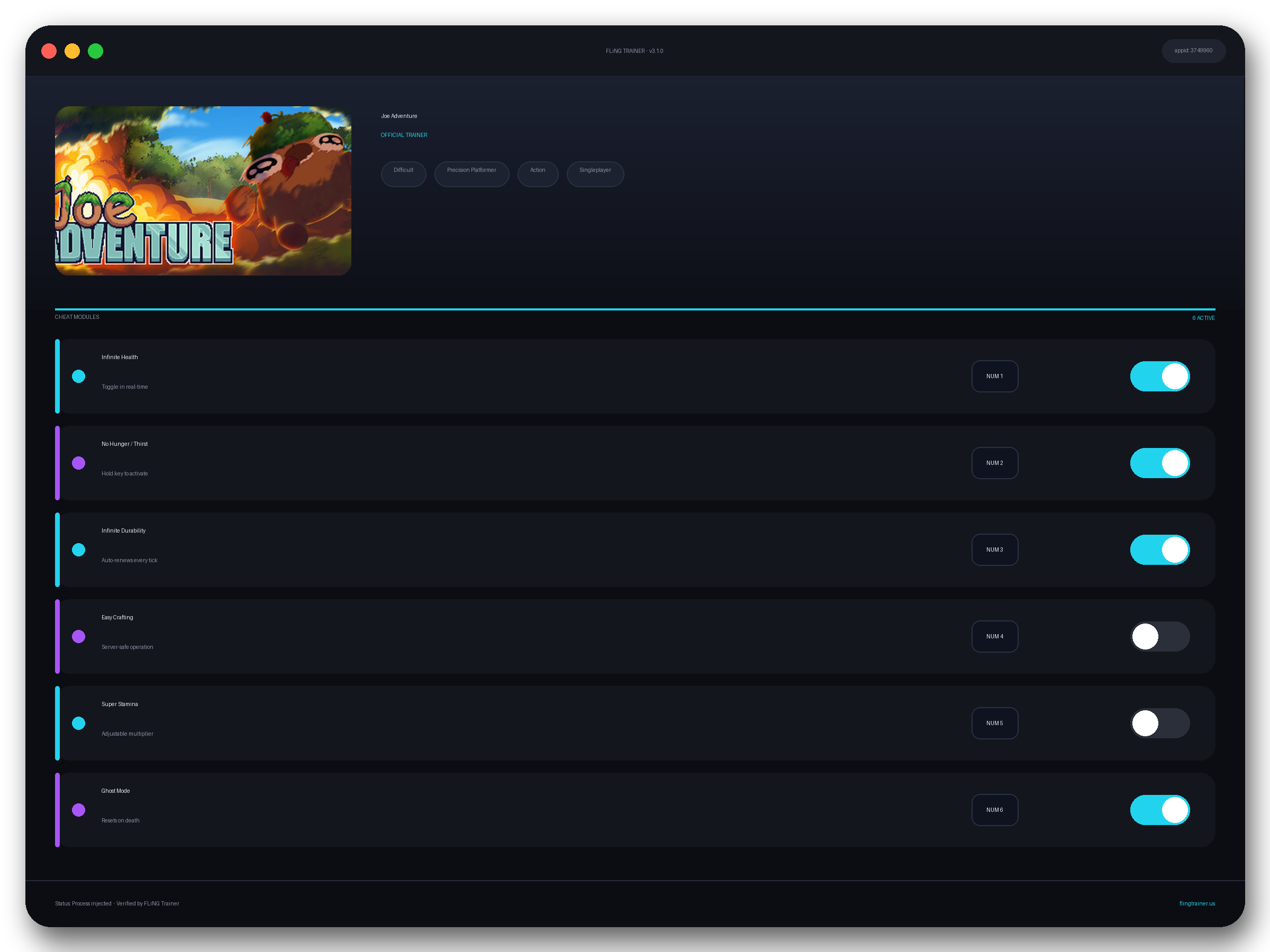 Joe Adventure Trainer interface