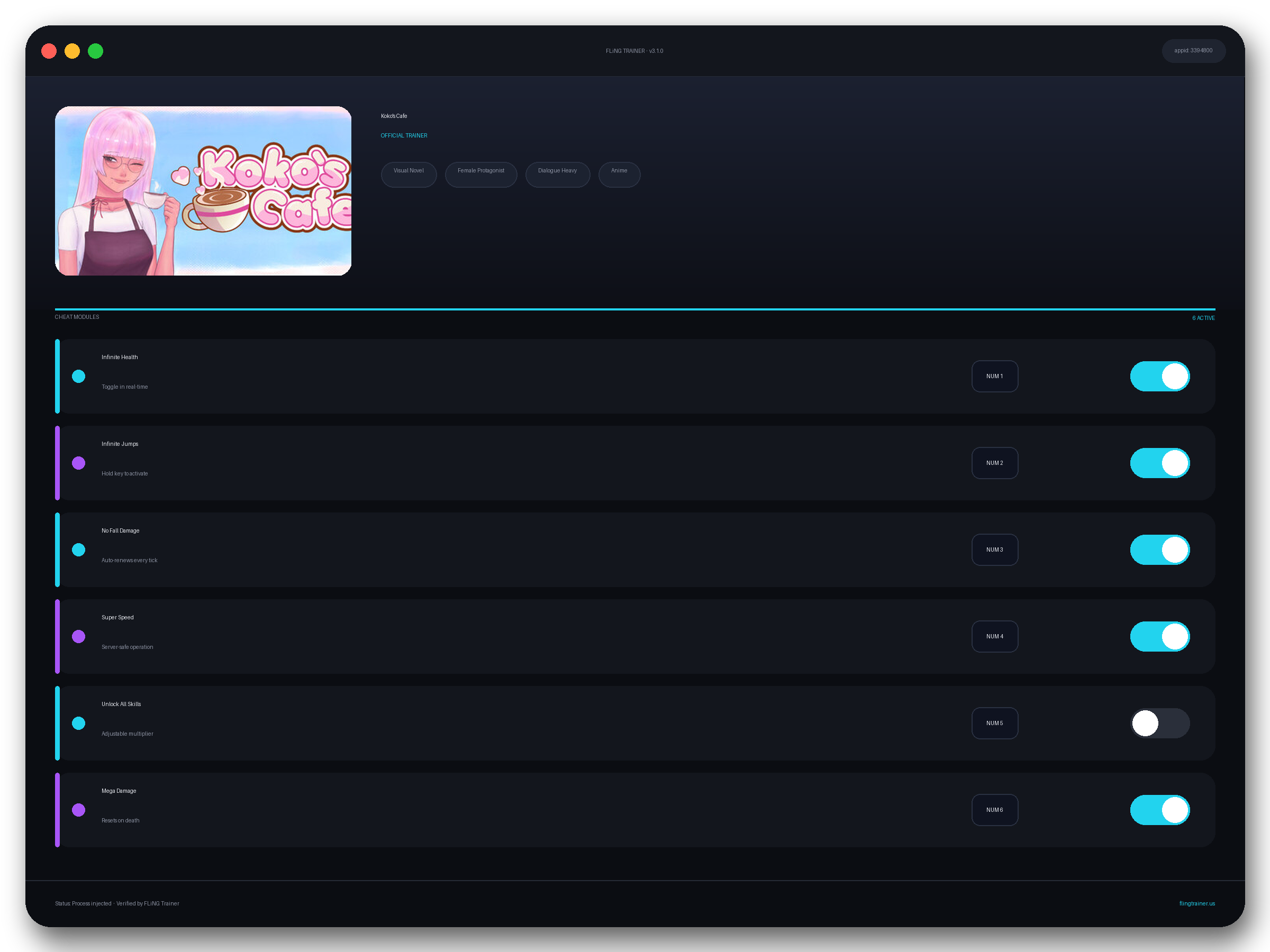 Koko's Cafe Trainer interface