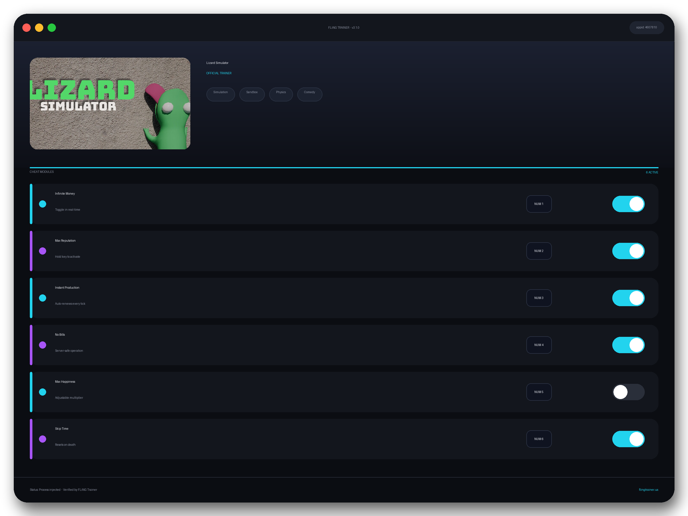 Lizard Simulator Trainer interface