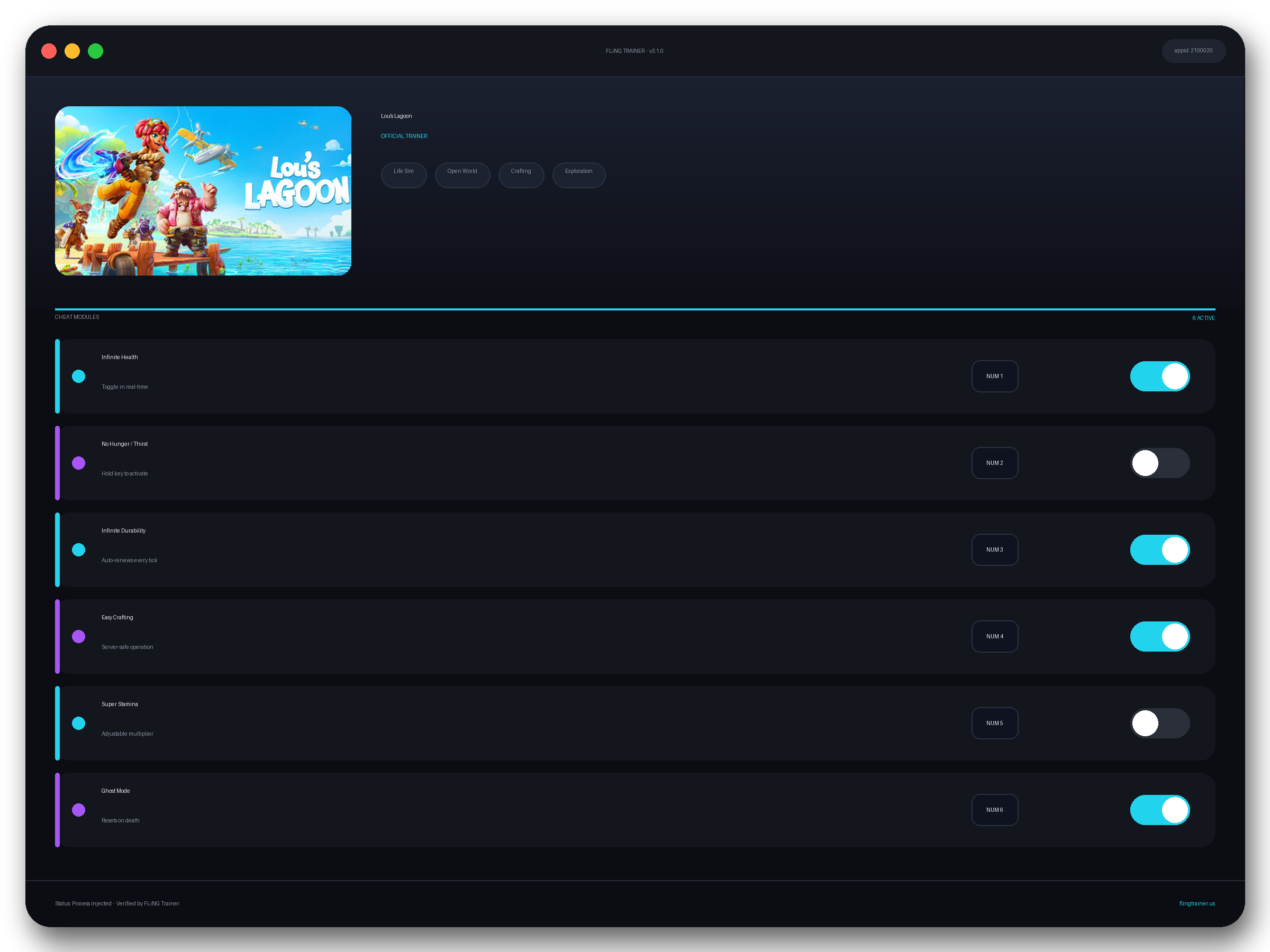 Lou's Lagoon Trainer interface