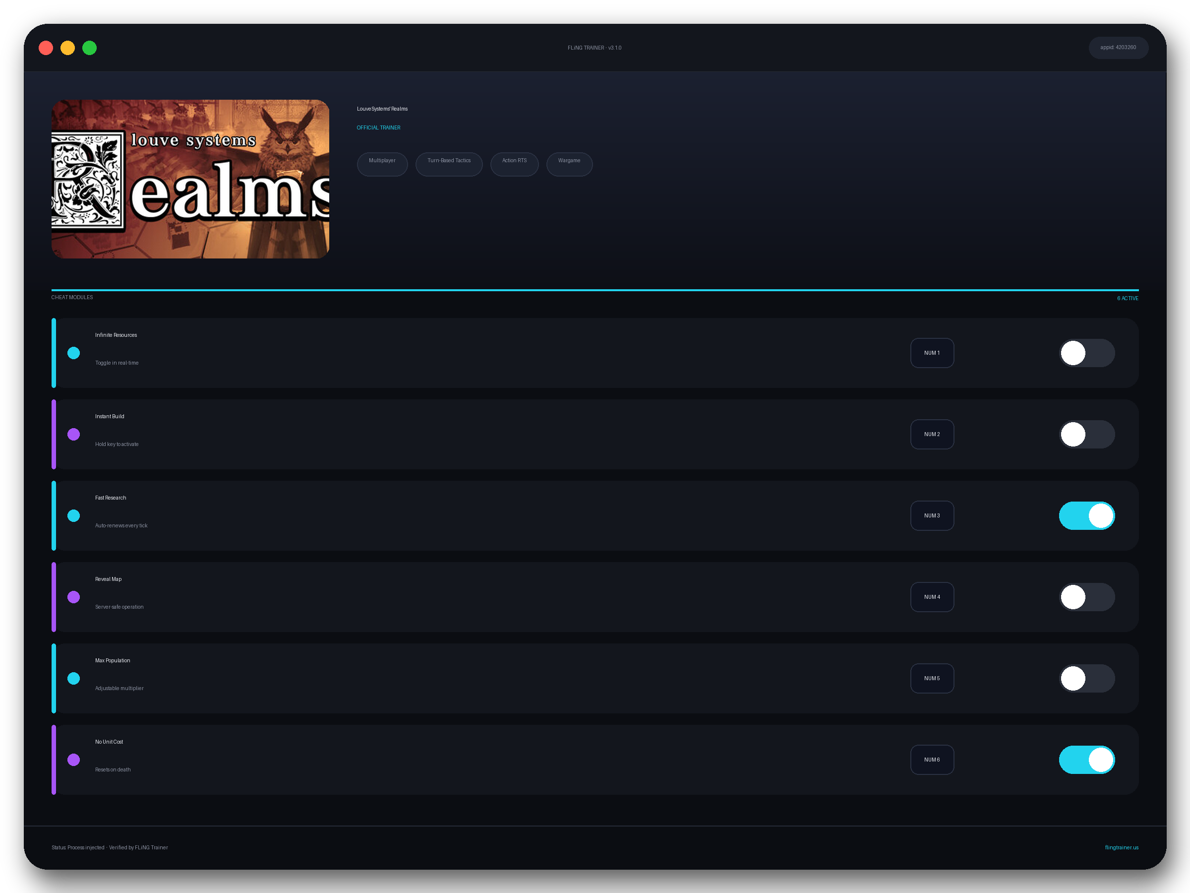 LouveSystems' Realms Trainer interface
