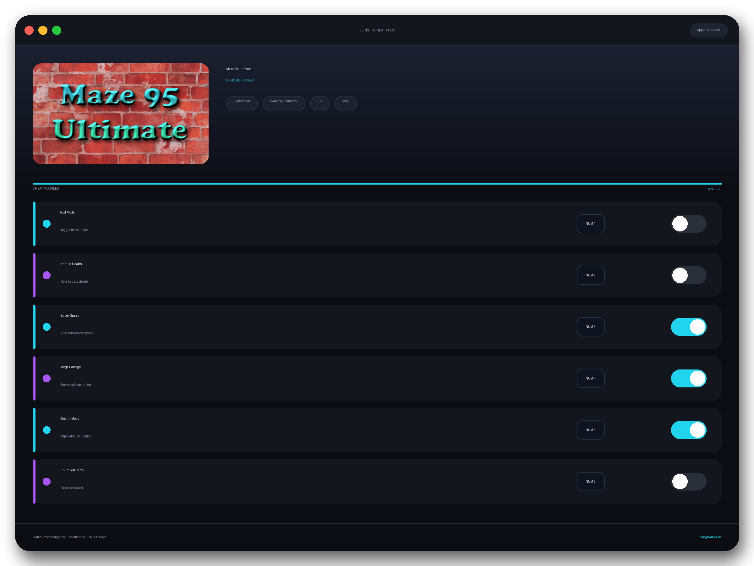 Maze 95 Ultimate Trainer interface