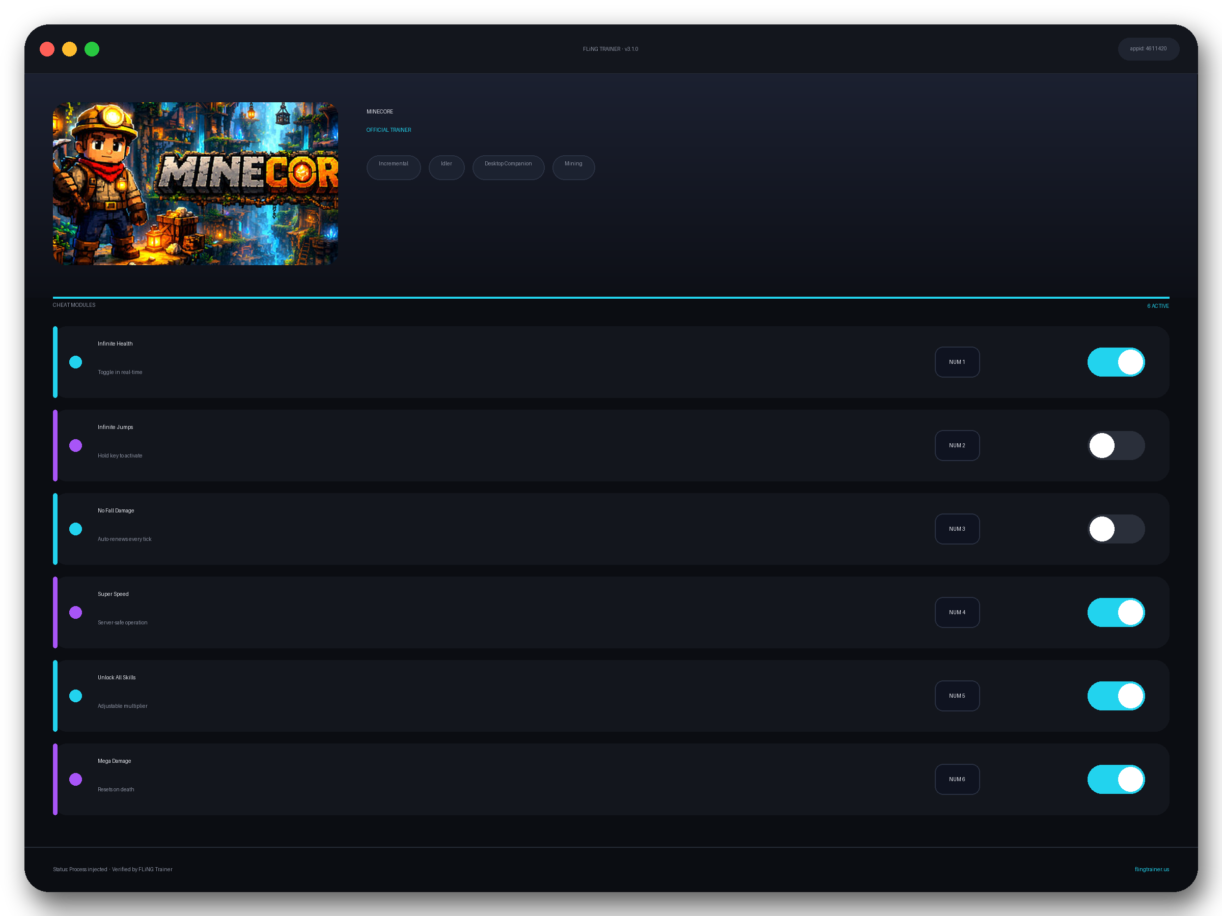 MINECORE Trainer interface
