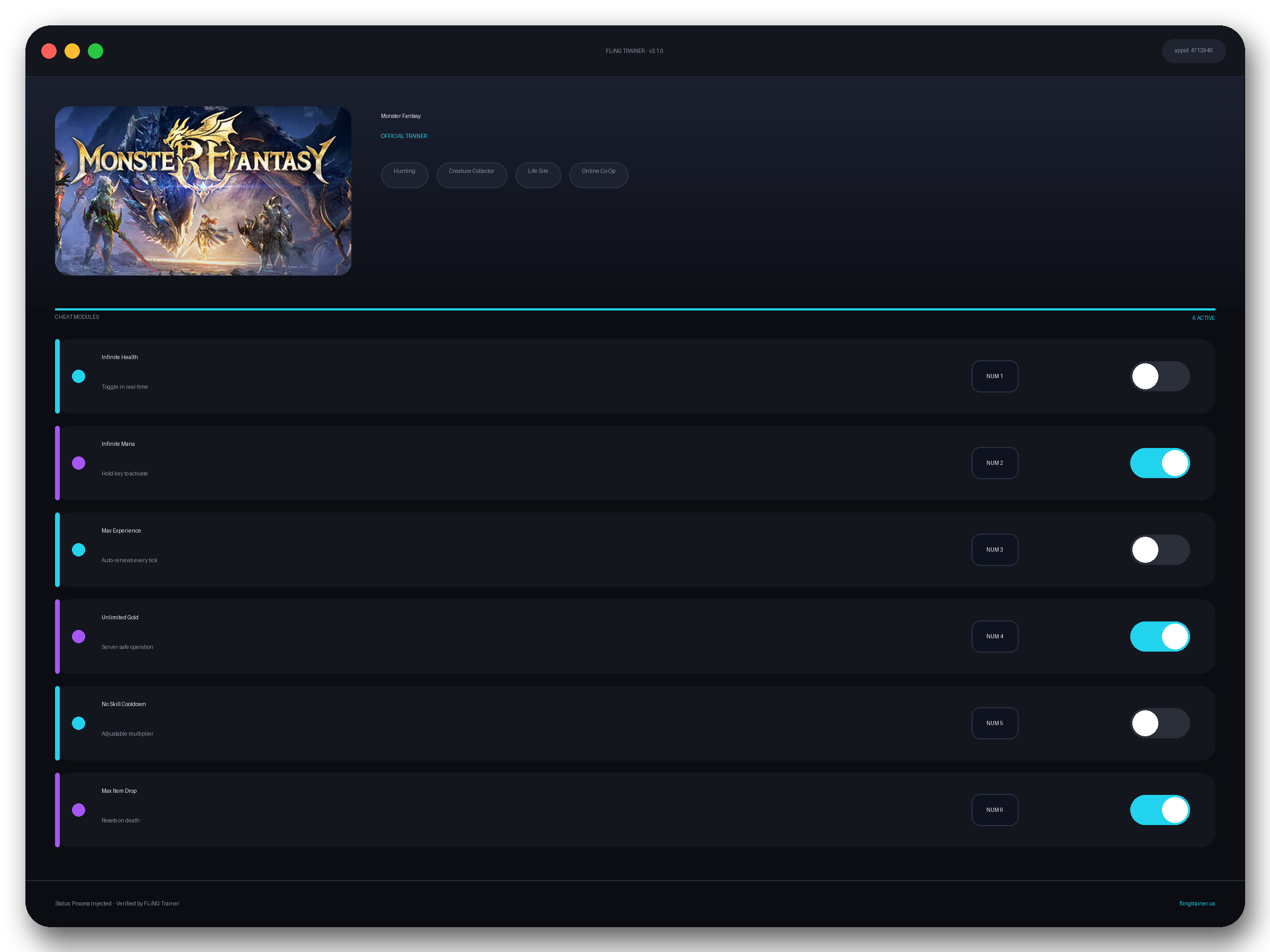 Monster Fantasy Trainer interface