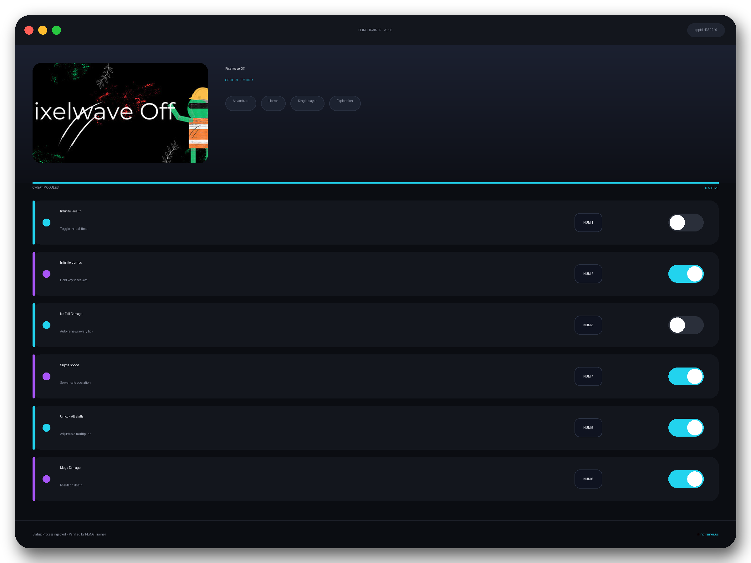 Pixelwave Off Trainer interface