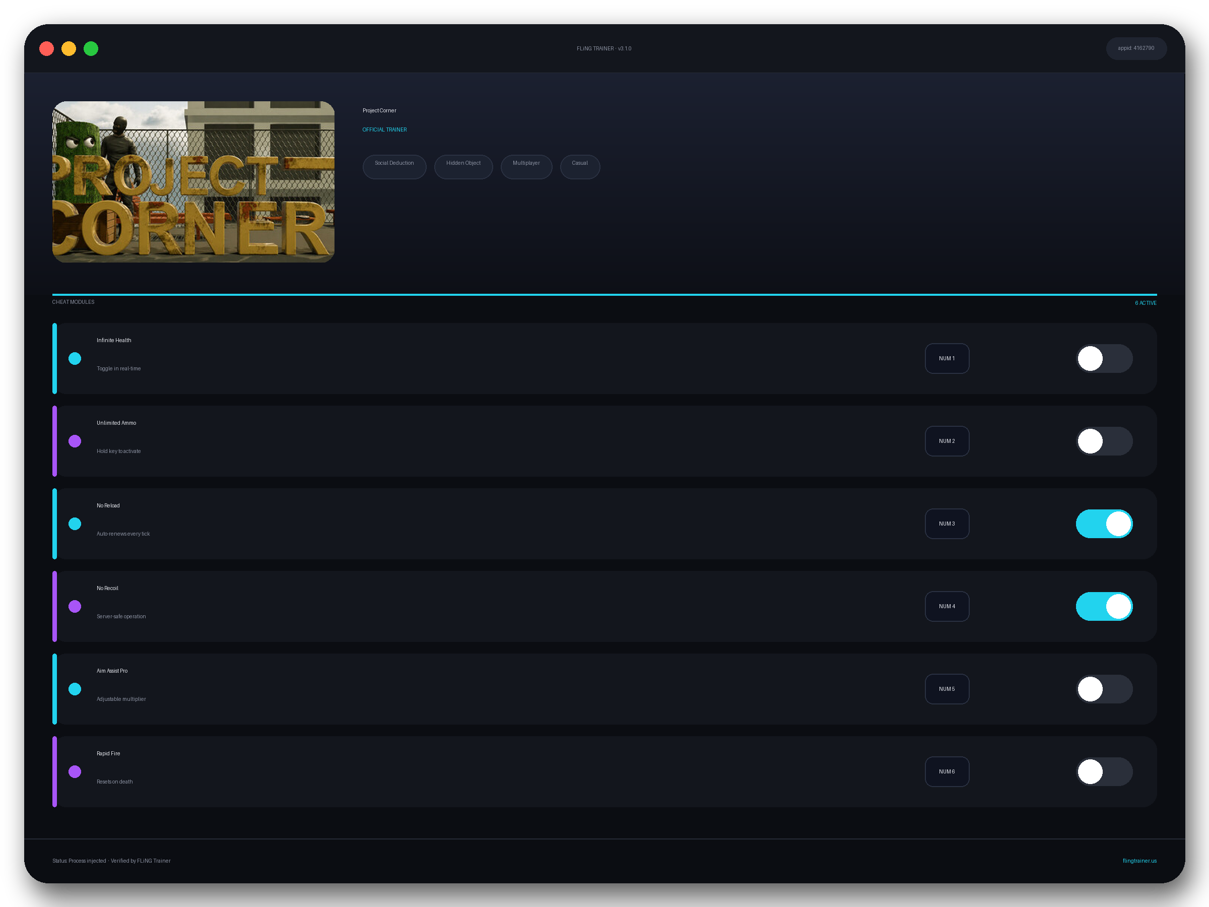 Project Corner Trainer interface