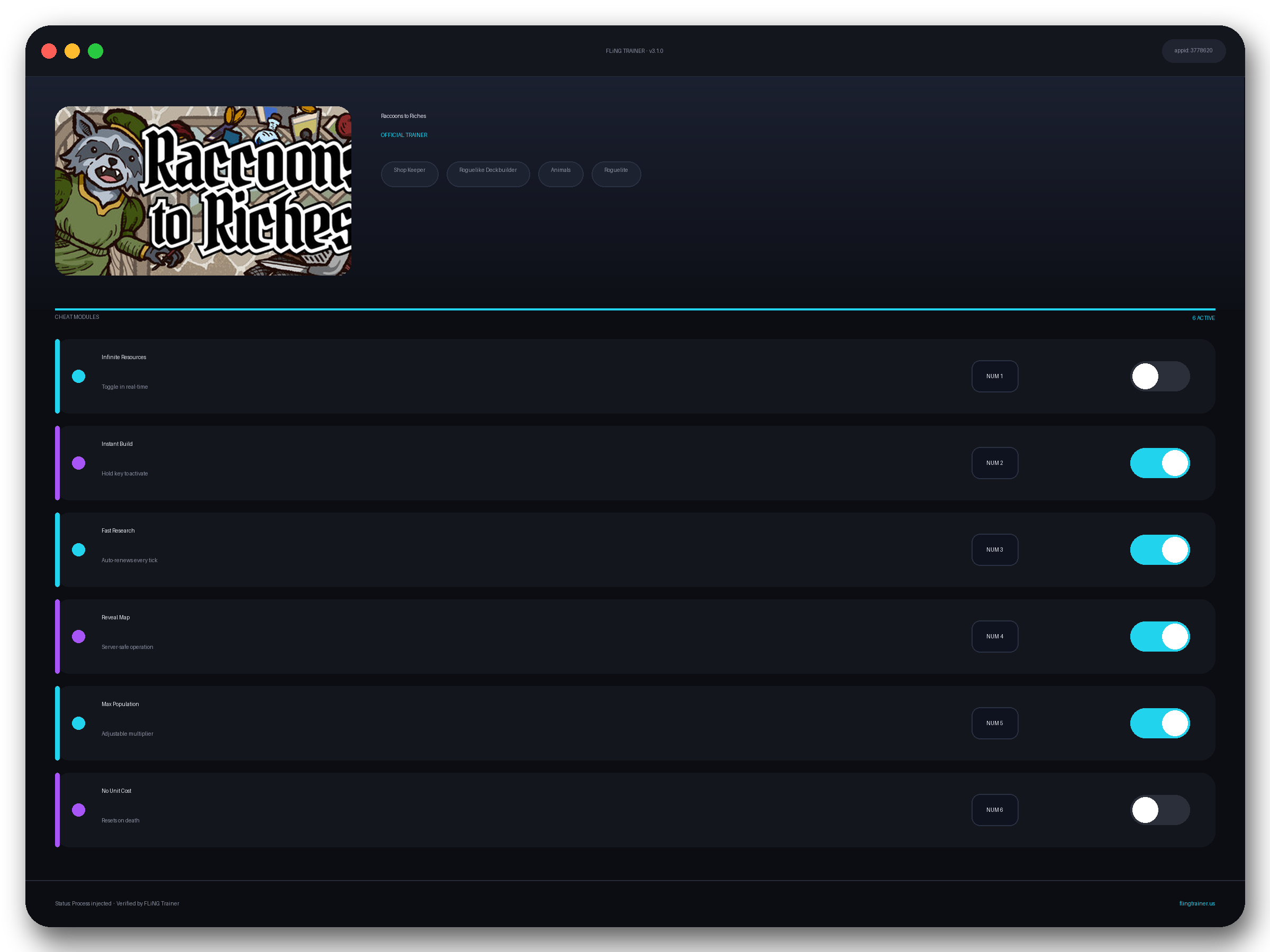 Raccoons to Riches Trainer interface