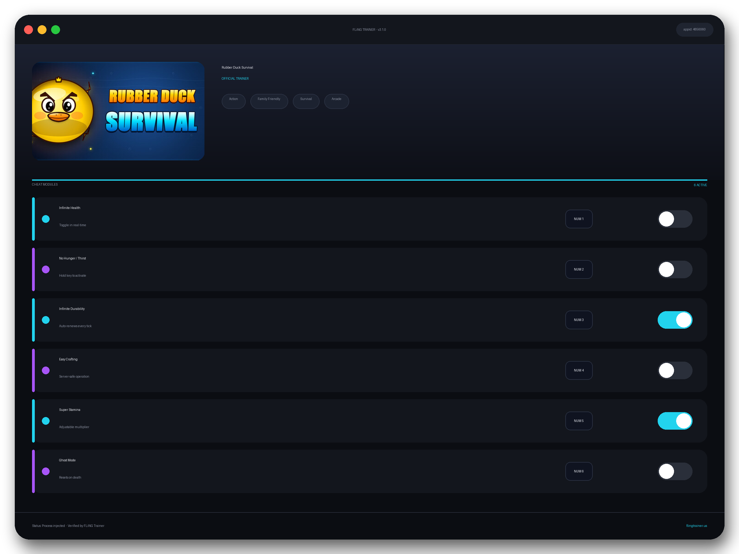 Rubber Duck Survival Trainer interface