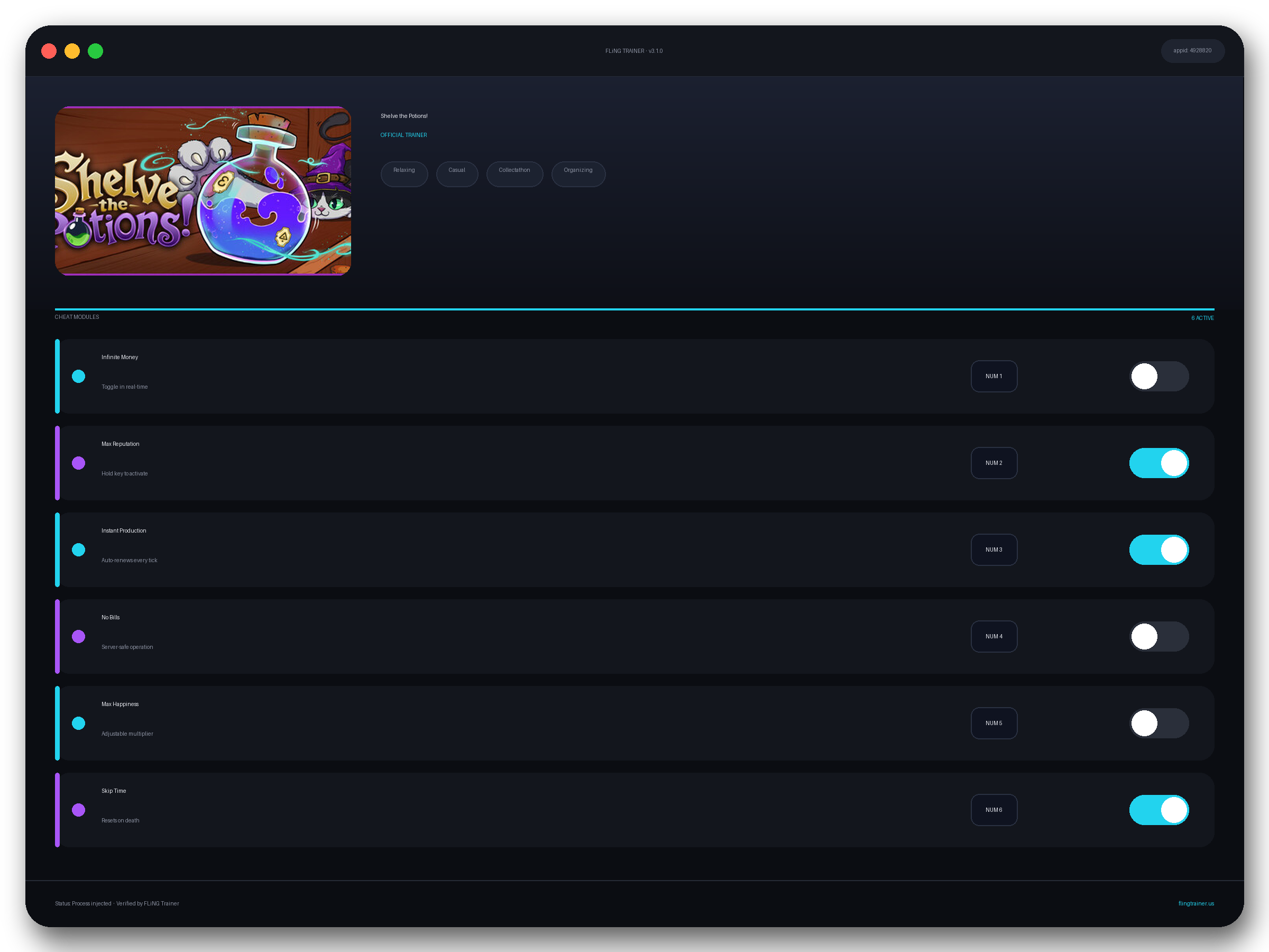 Shelve the Potions! Trainer interface