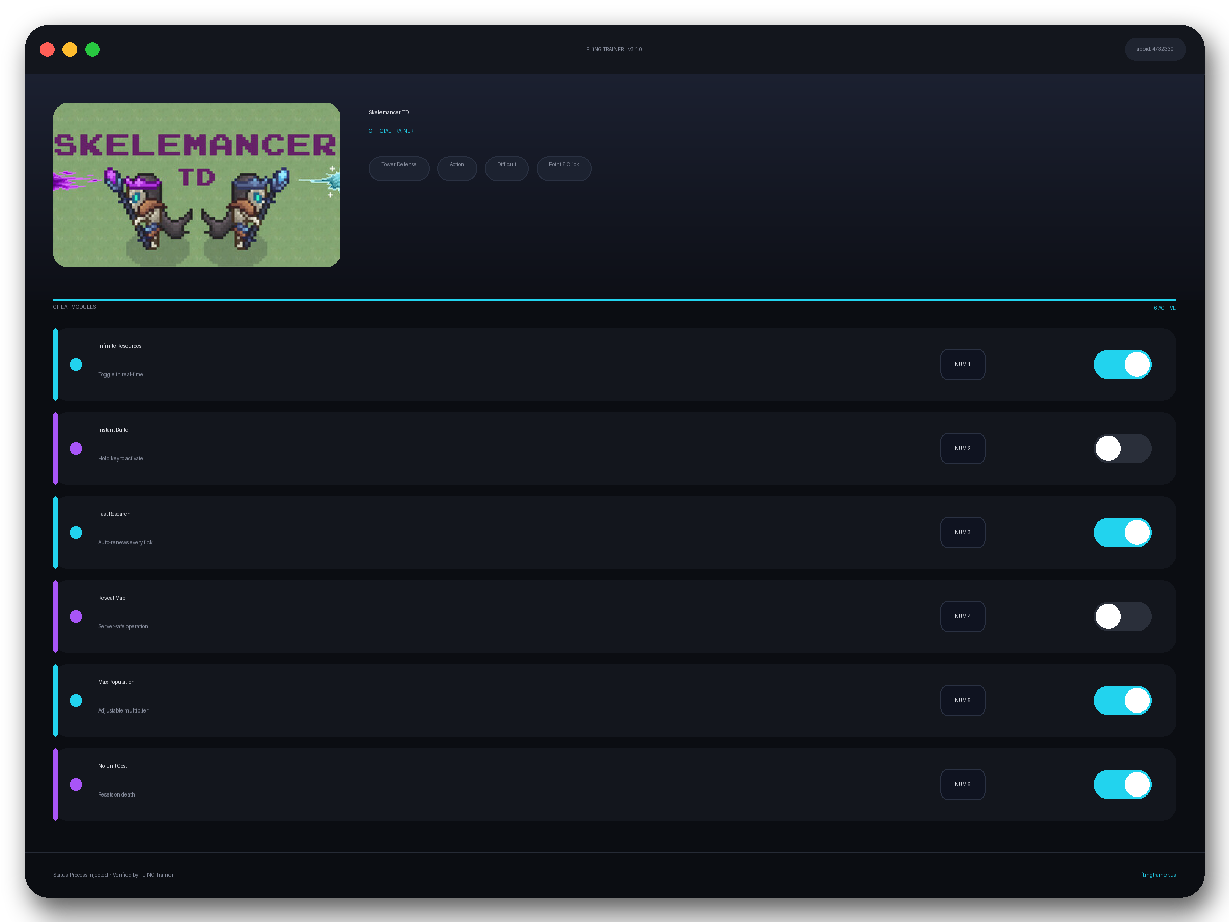 Skelemancer TD Trainer interface