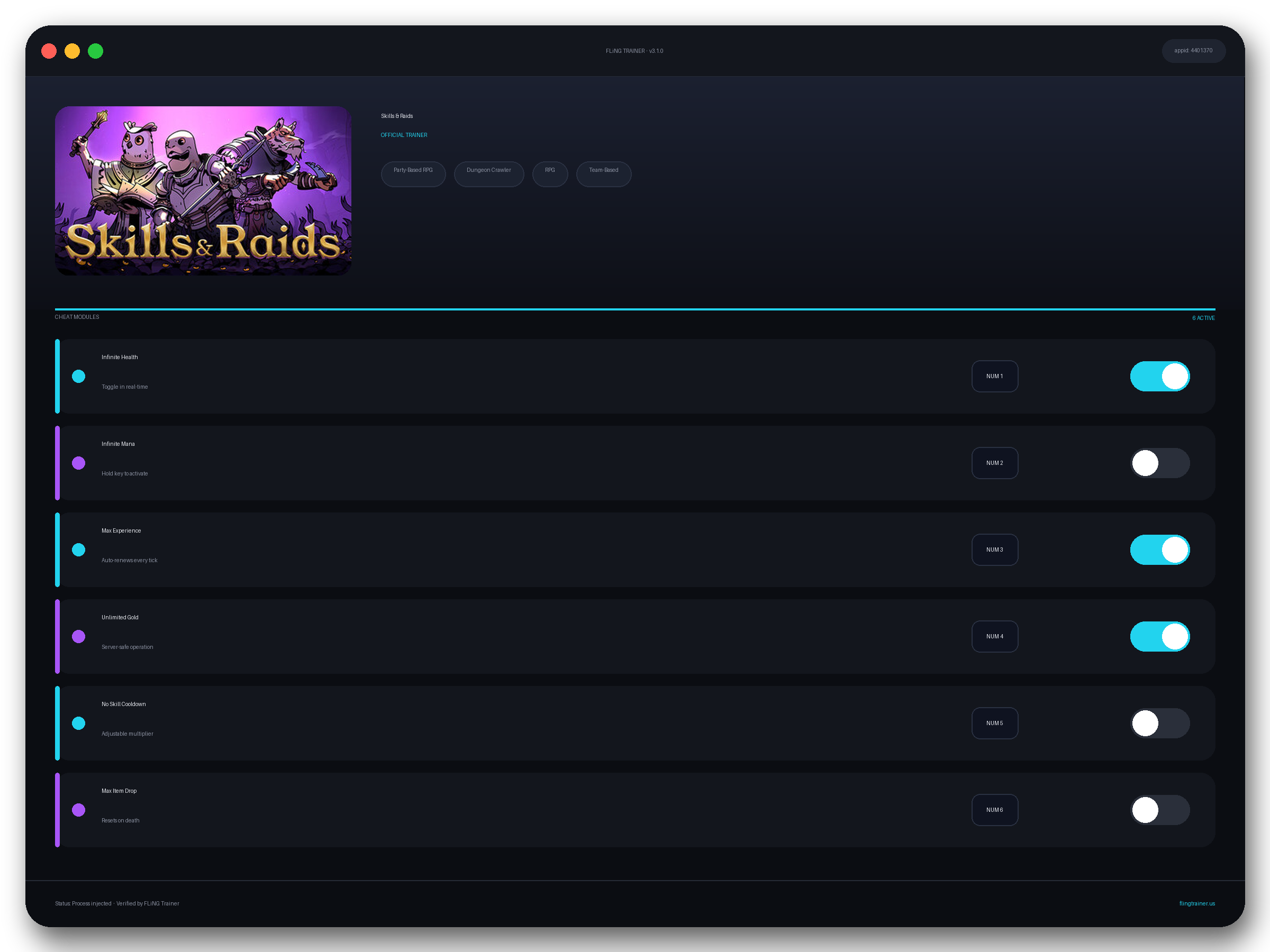 Skills & Raids Trainer interface