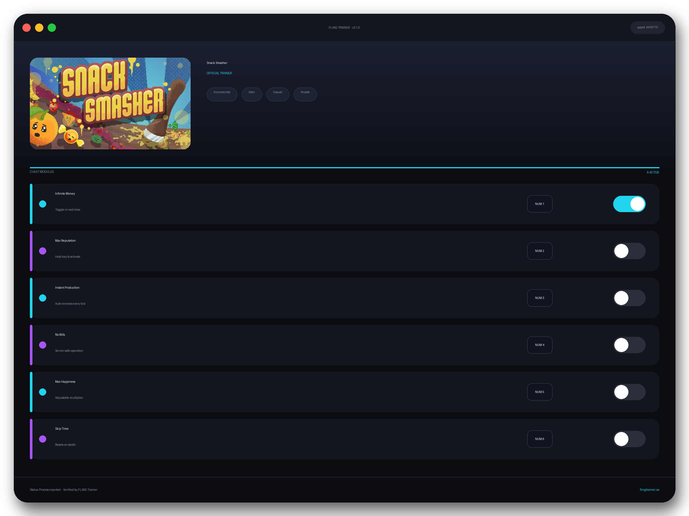 Snack Smasher Trainer interface
