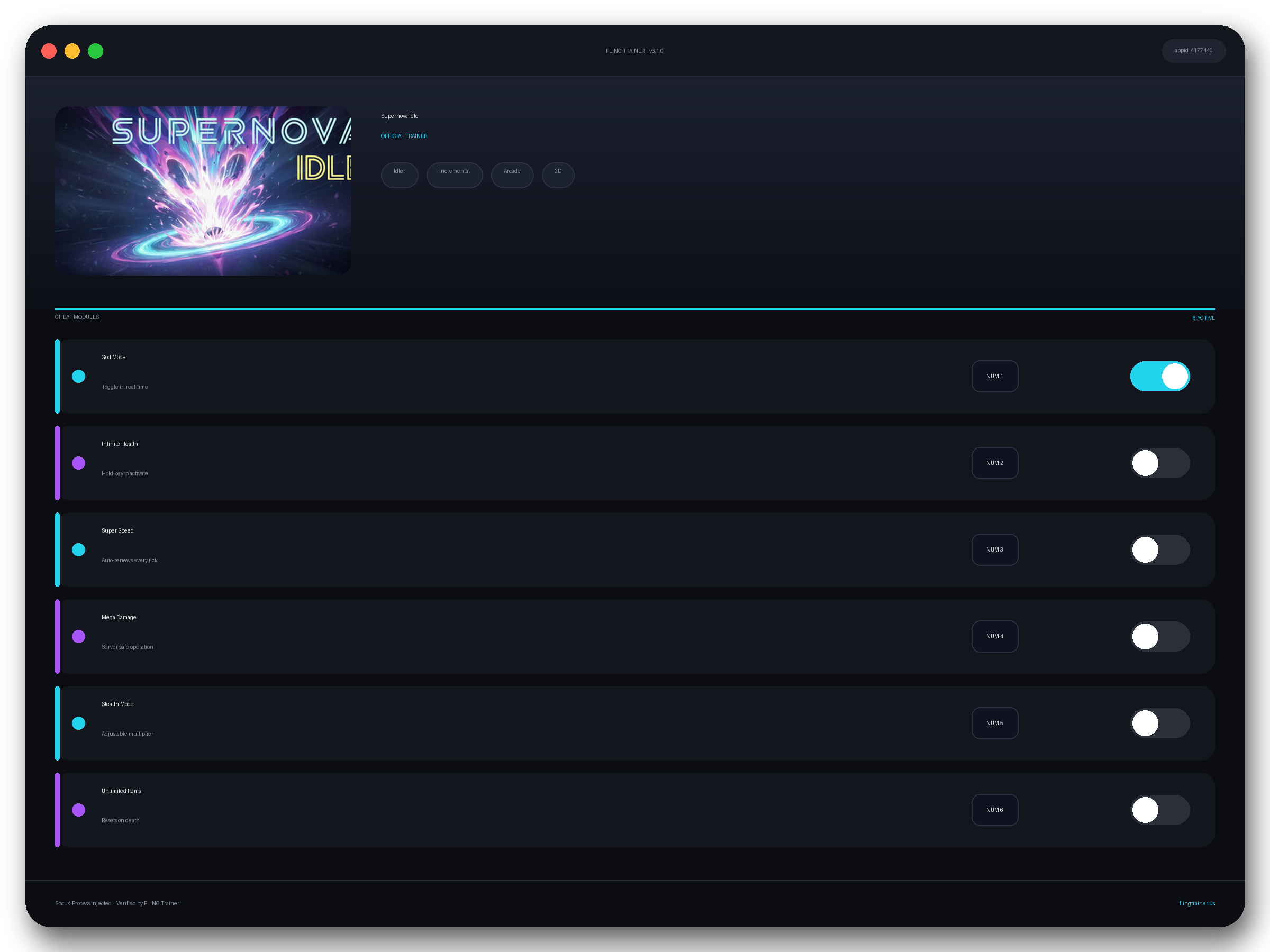 Supernova Idle Trainer interface