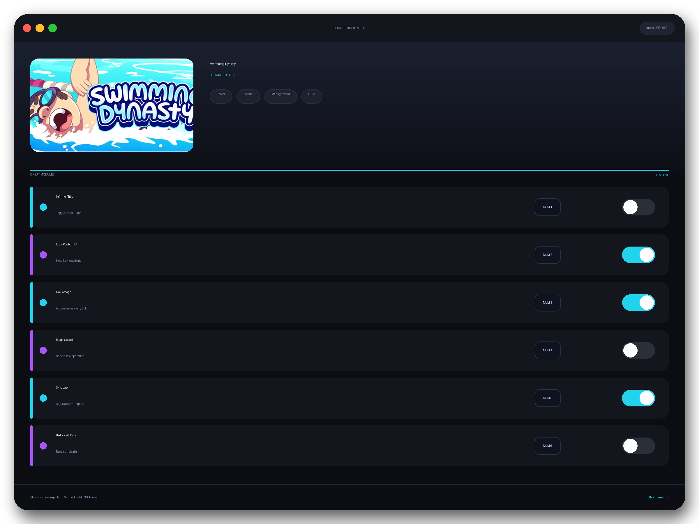 Swimming Dynasty Trainer interface