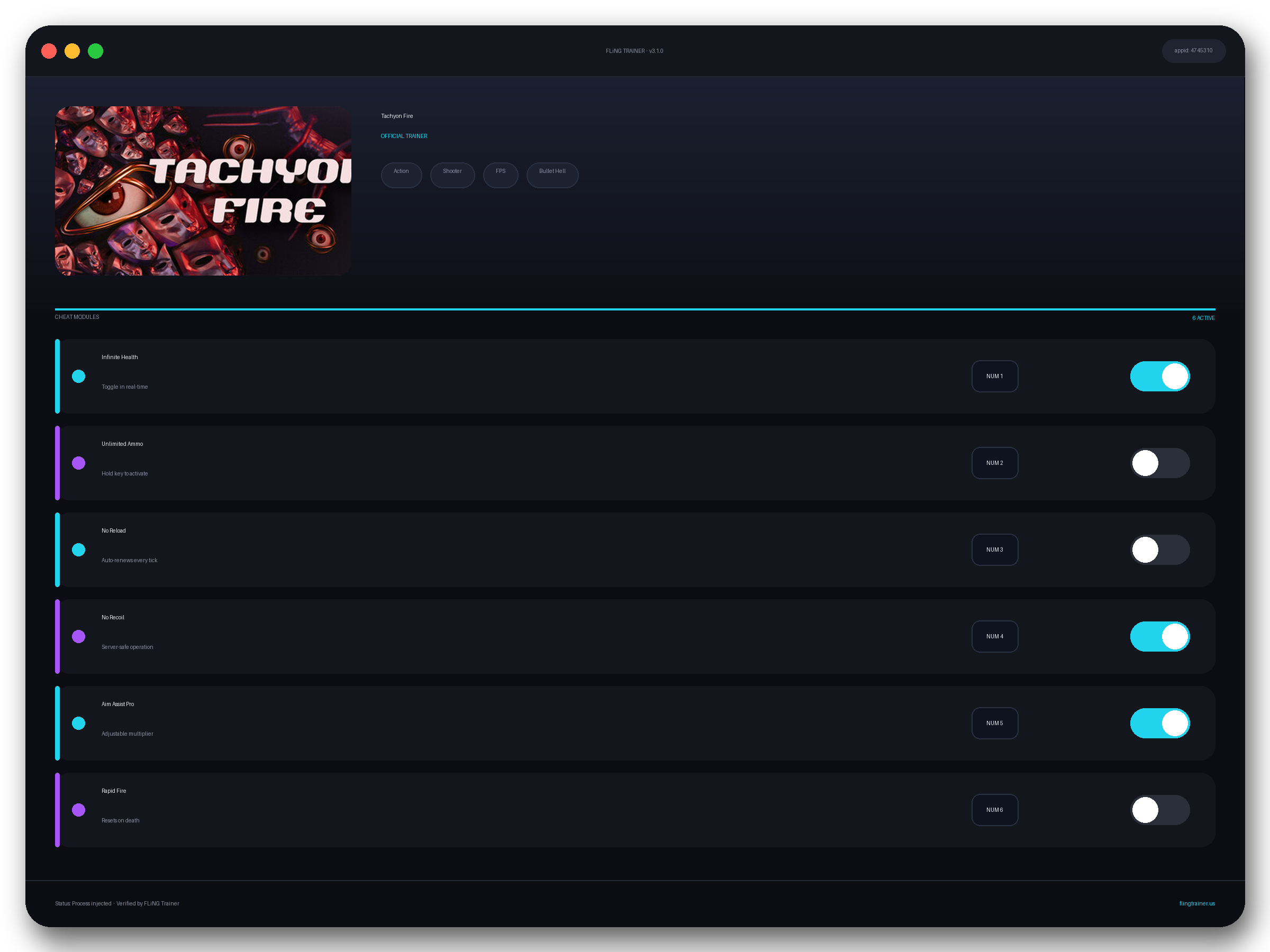 Tachyon Fire Trainer interface