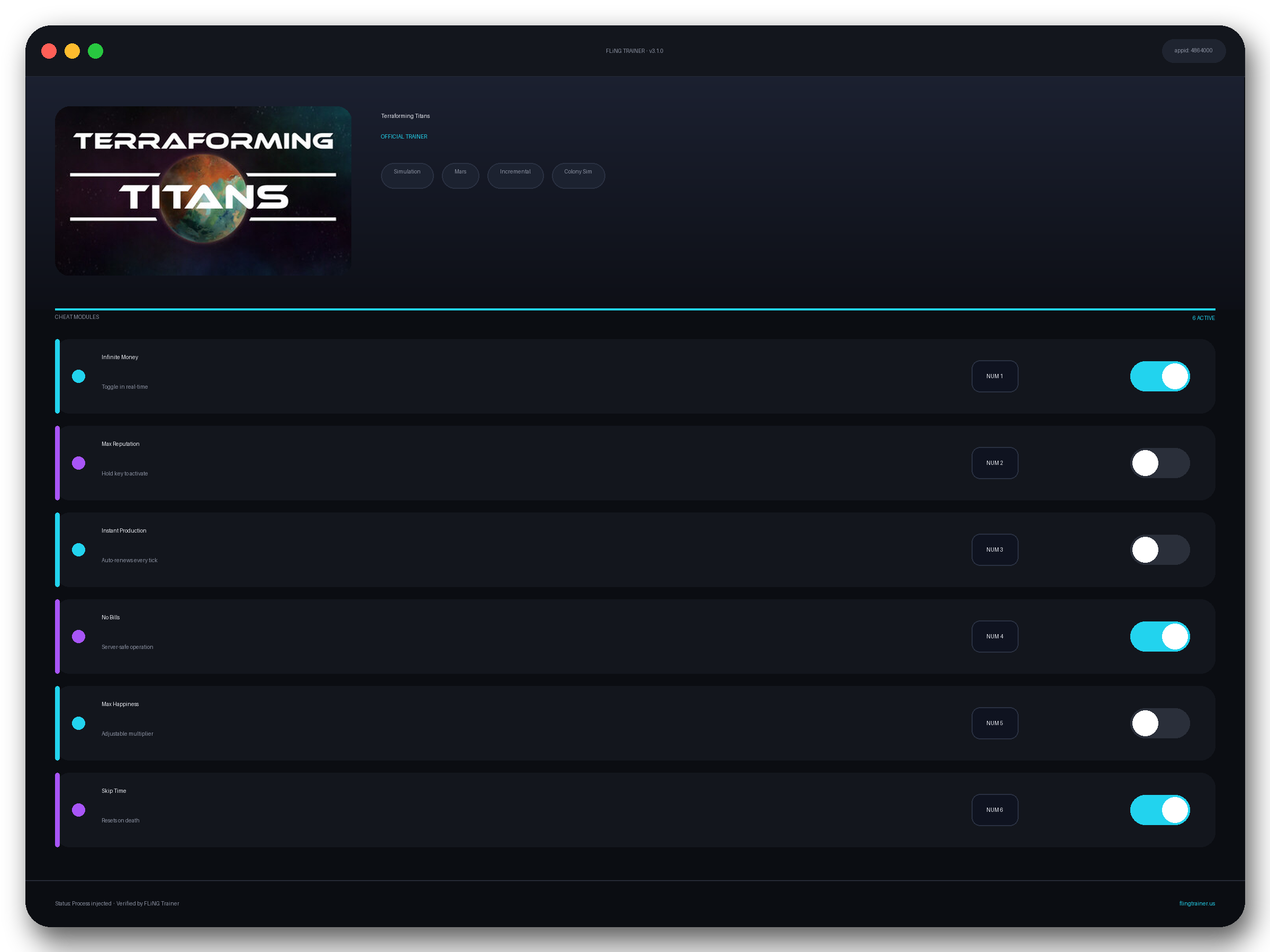 Terraforming Titans Trainer interface