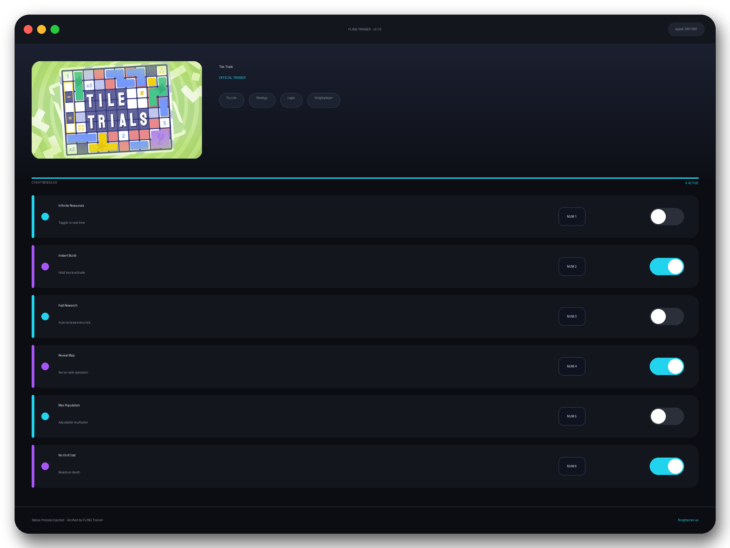 Tile Trials Trainer interface