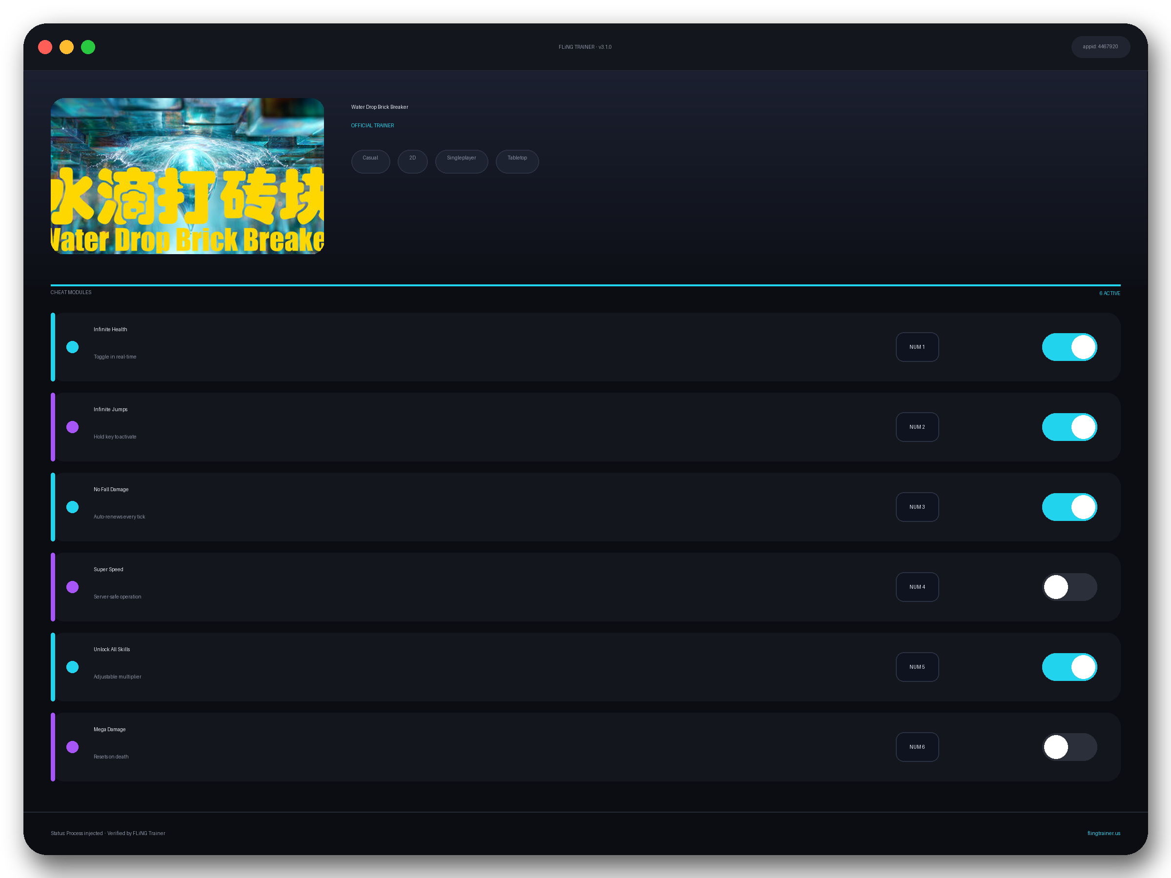 Water Drop Brick Breaker Trainer interface