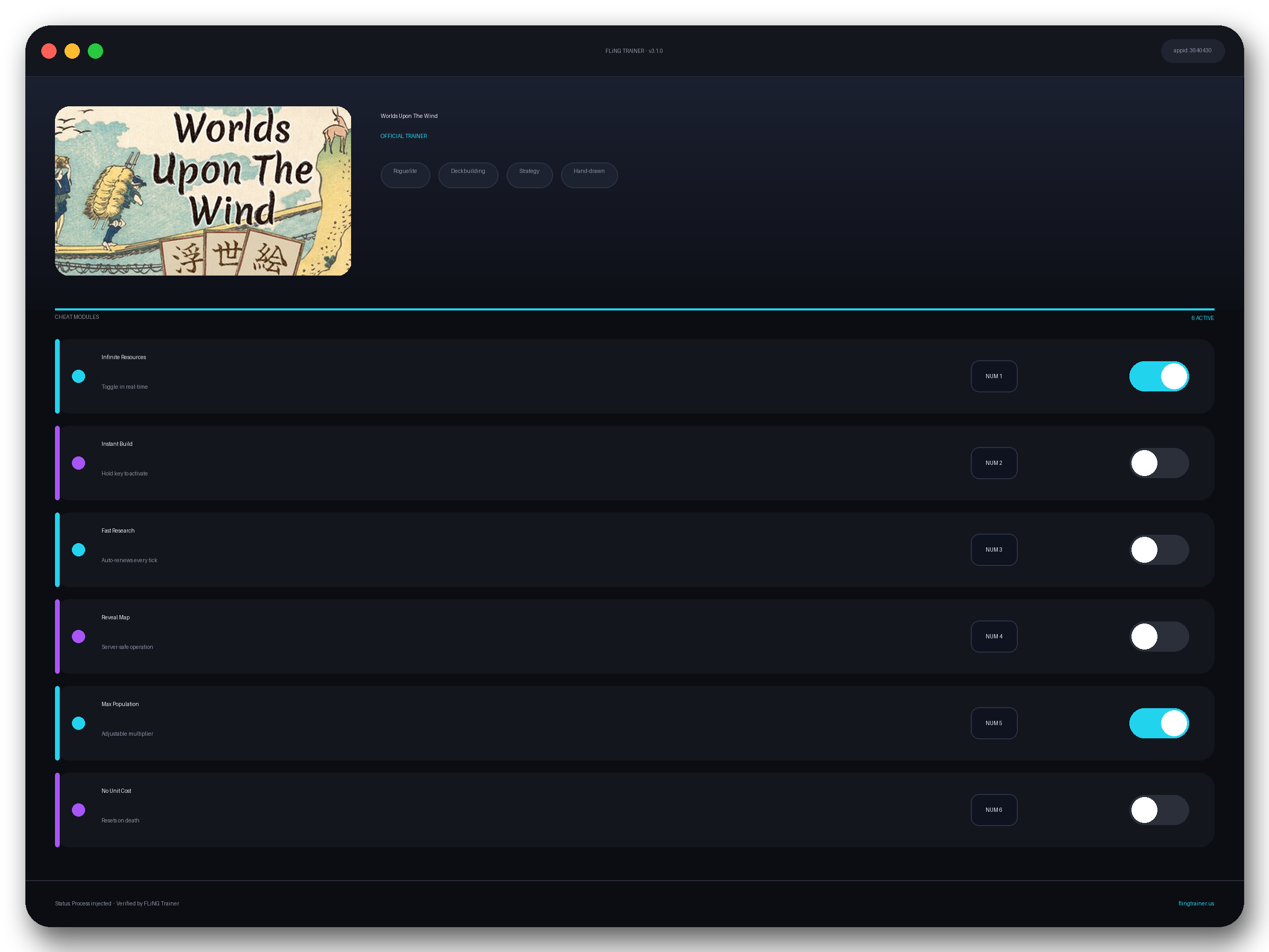 Worlds Upon The Wind Trainer interface